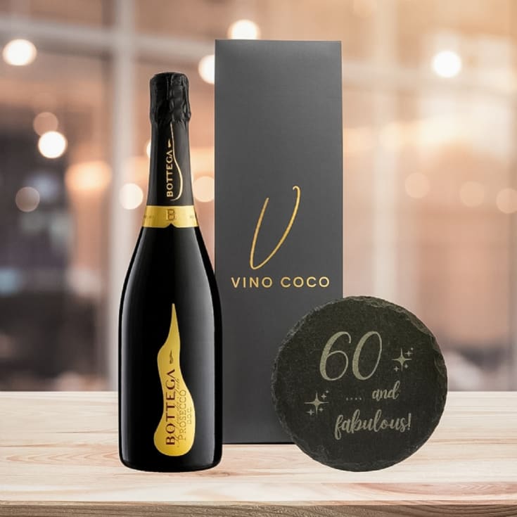 The Gift Experience Peach/Grey/Gold Bottega Prosecco & "60 & Fabulous" Slate Coaster Gift Set