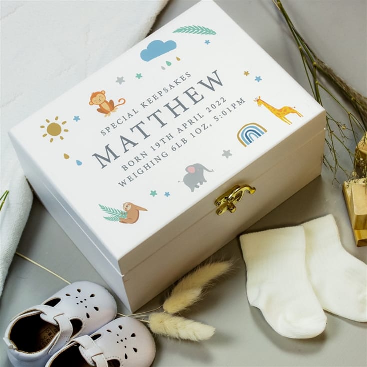 The Gift Experience White Personalised Safari Animals Wooden Keepsake Box