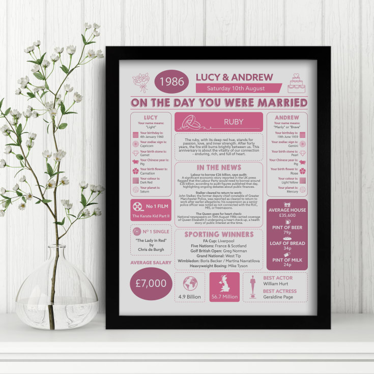 The Gift Experience Lilac/Black/White Personalised 40Th Anniversary (Ruby) Wedding Day Chart Framed Print Oak Frame