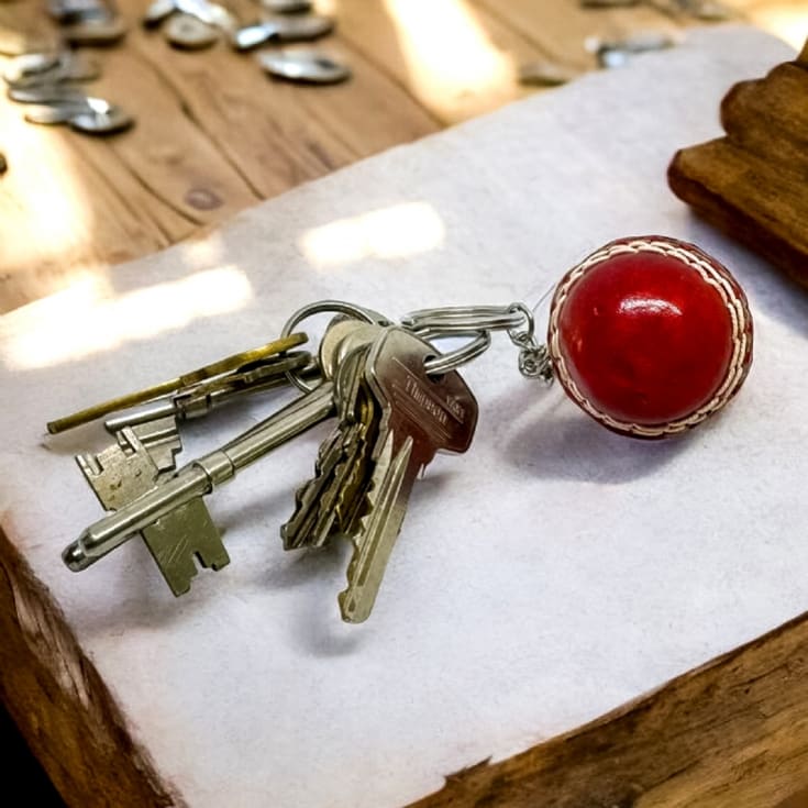 Red Leather Mini Cricket Ball Keyring product image