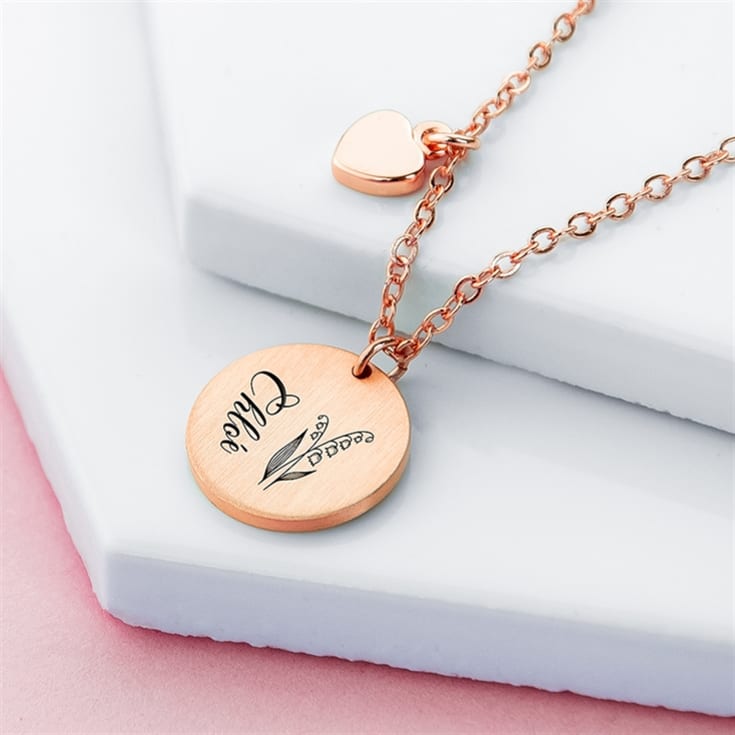 Personalised Birth Flower Brushed Heart and Disc Necklaces product image