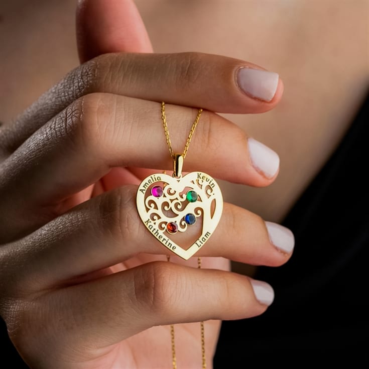 The Gift Experience Silver/Gold Personalised Heart-Shaped Family Tree Necklace With Birthstone One Name