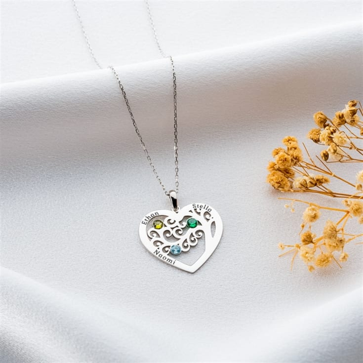 Personalised Heart-Shaped Family Tree Necklace with Birthstone product image
