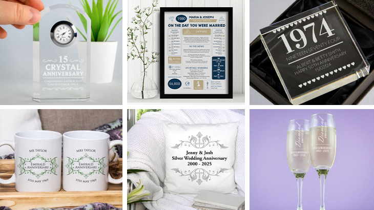 Selection of anniversary gifts by year including personalised cushions, mugs, prints, engraved glasses, clocks, and keepsakes, perfect for celebrating milestones and lasting love