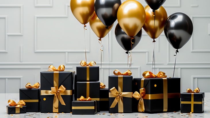 Black and gold wrapped anniversary gifts with matching balloons, perfect for celebrating milestones and special occasions