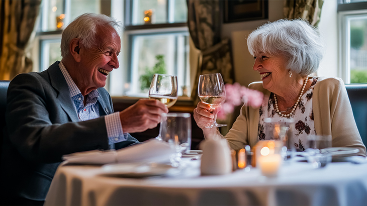 Senior couple enjoying a meal together and clinking wine glasses during a memorable gift experience, ideal for anniversaries and special occasions