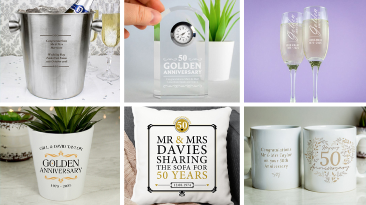 Selection of personalised golden wedding anniversary gifts including cushions, plant pots, mugs, clocks, engraved champagne flutes, and champagne cooler buckets, perfect for celebrating 50 years of love