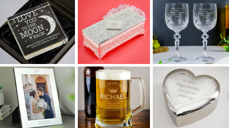 A range of engraved gifts including a glass keepsake, beer tankard, photo frame, trinket box, jewellery box and crystal wine glasses