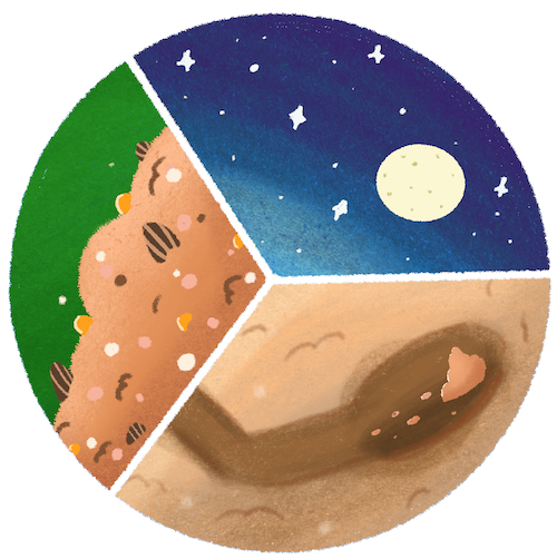 An illustration of a pi chart with a night sky, a hamster hoard, and a hamster burrow