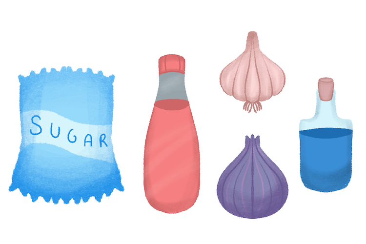 An illustration of controversial hamster food ingredients such as sugar, garlic, onion, and bottles