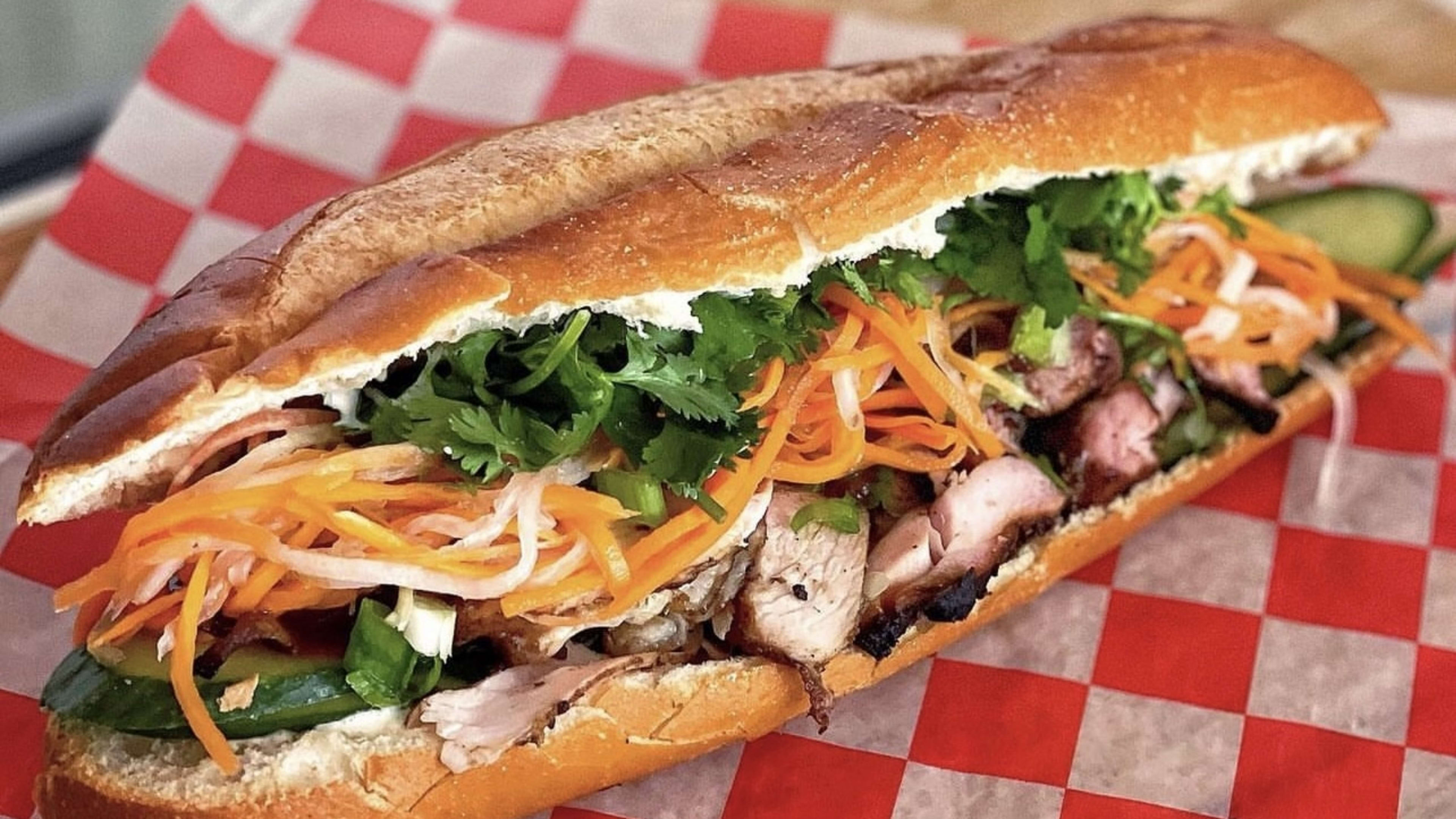 A jerk chicken banh mi from C-Marty's Jerk.