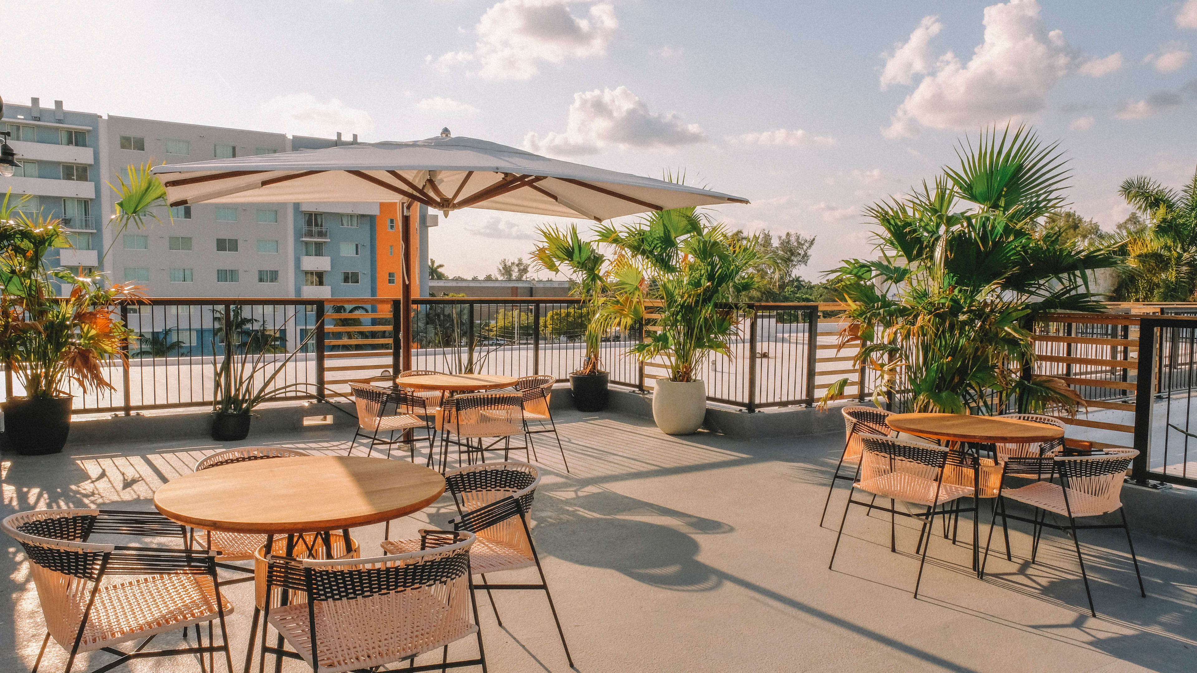 Rooftop with potted plants, tables, chairs, and umbrellas.