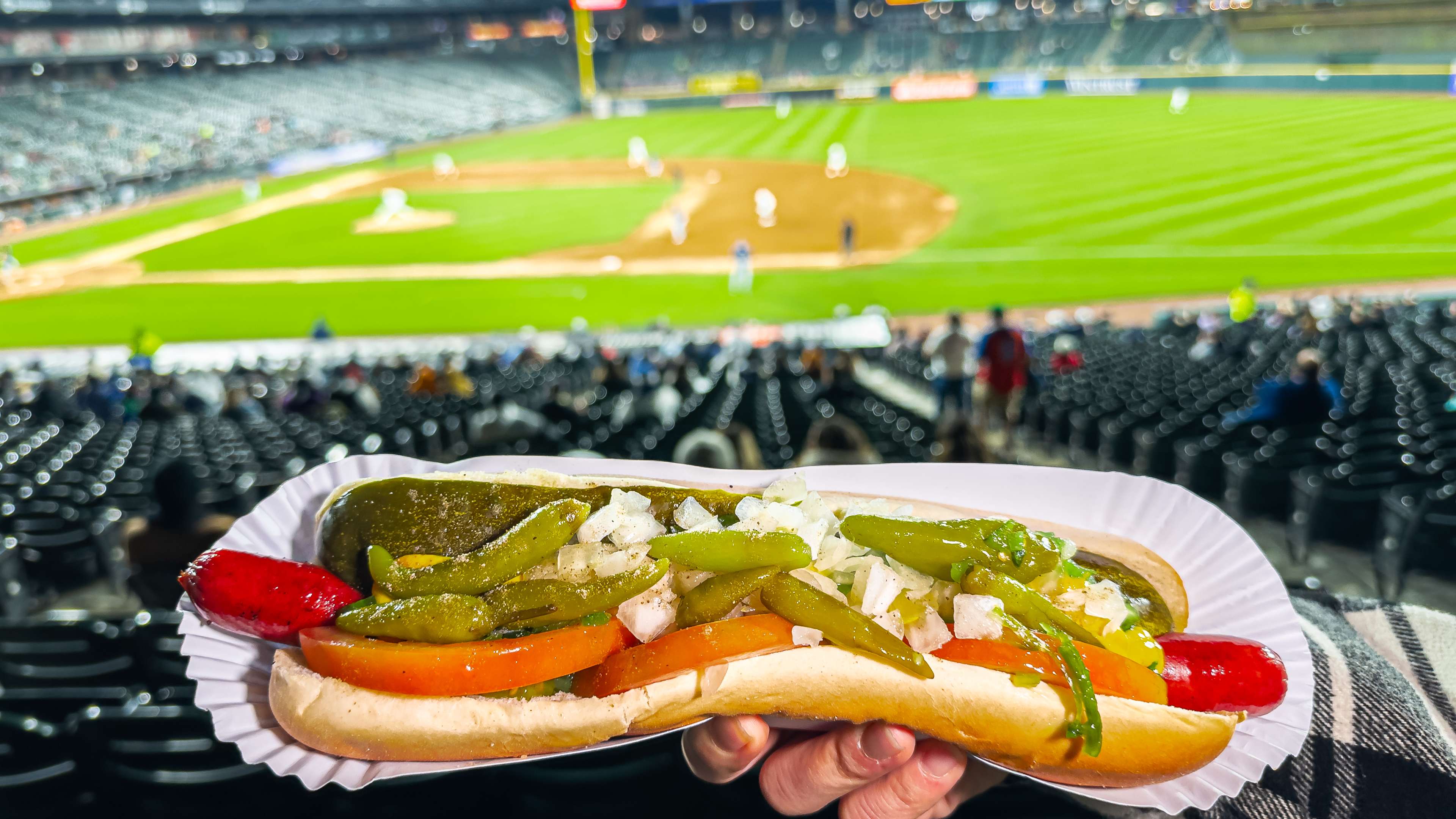 Footlong Chicago dog held up with a baseball diamond in the background