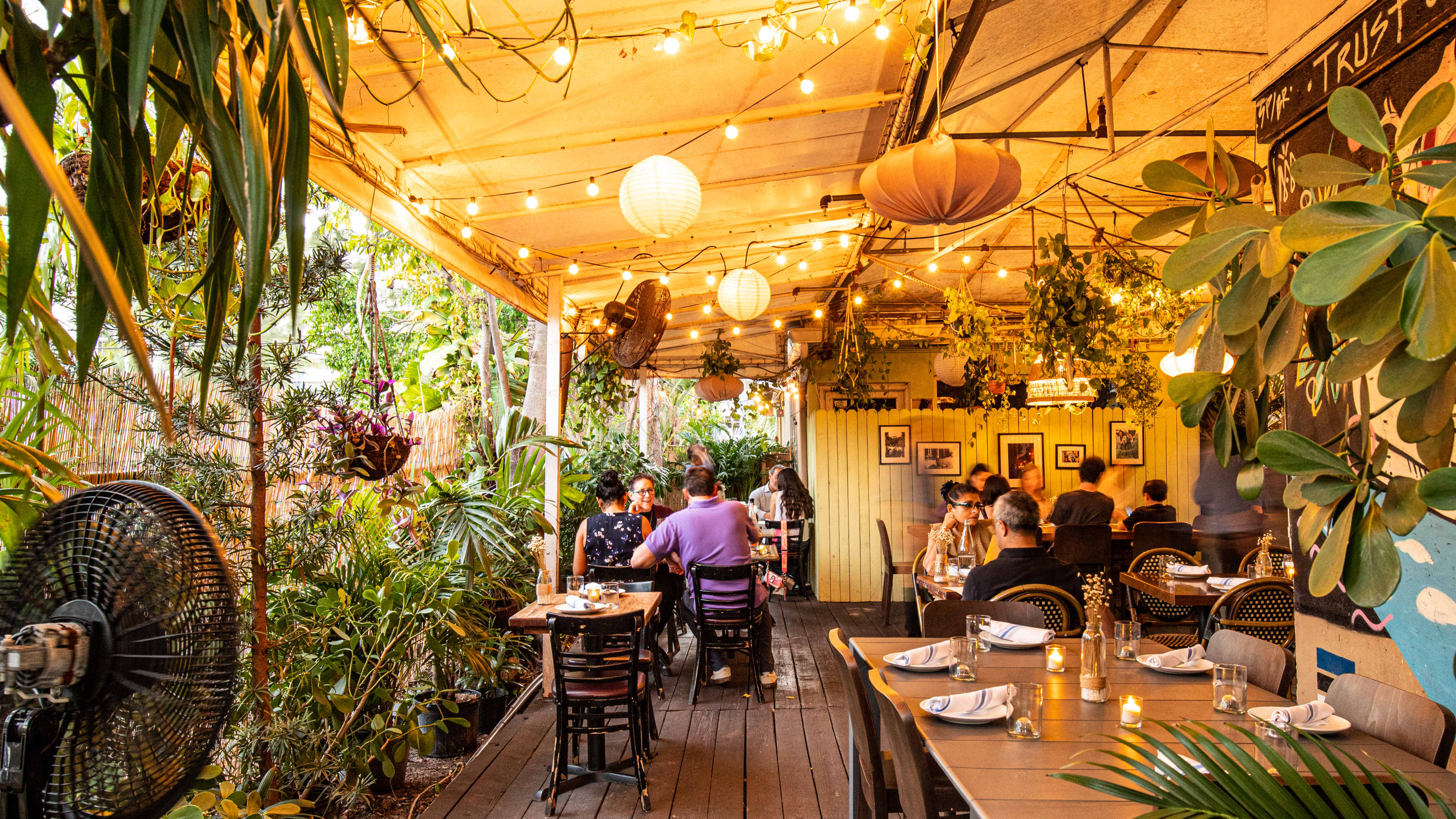 Outdoor patio with palm fronds and other plants, and guests enjoying a candlelit dinner