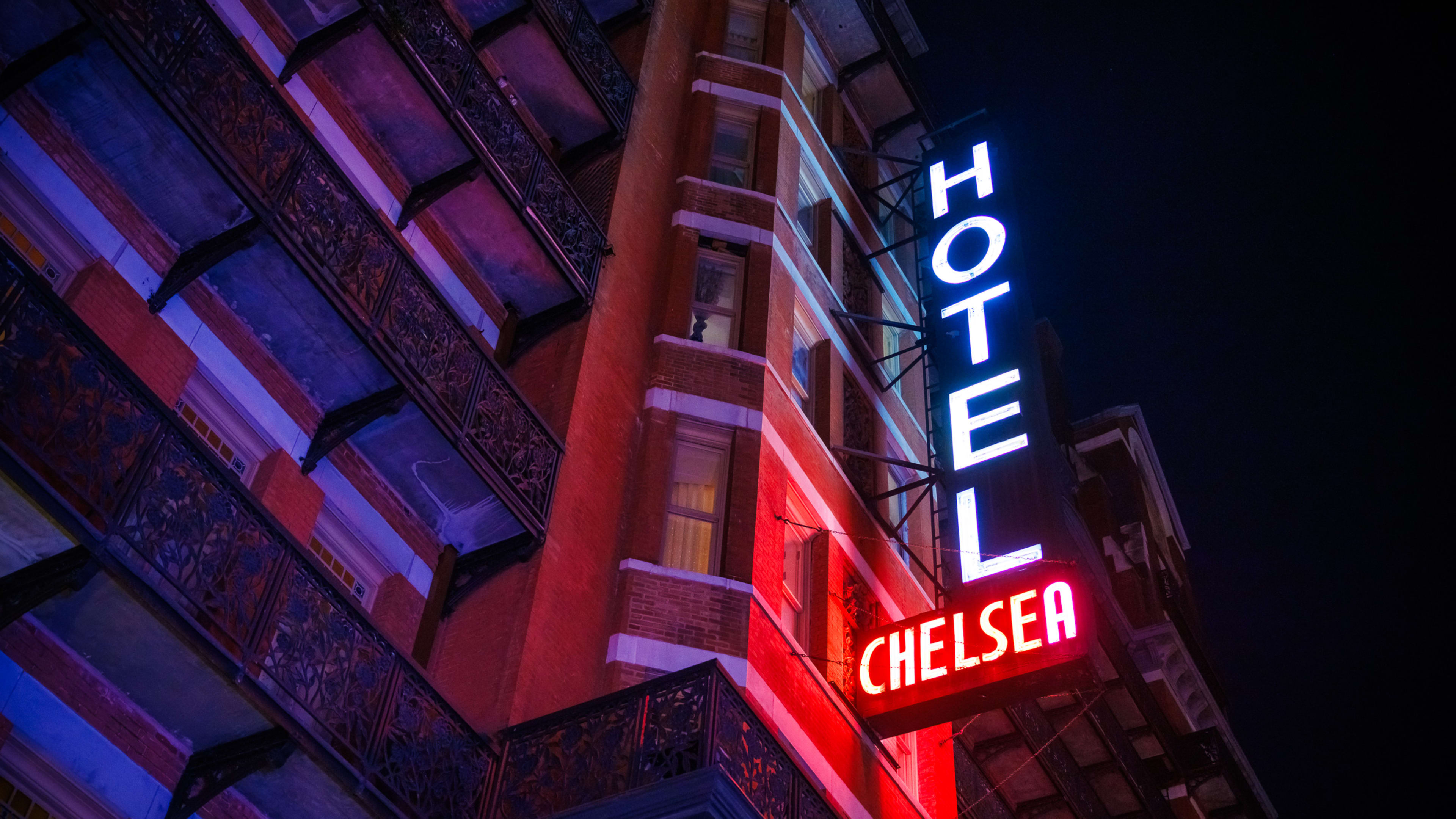 neon sign on Hotel Chelsea's exterior