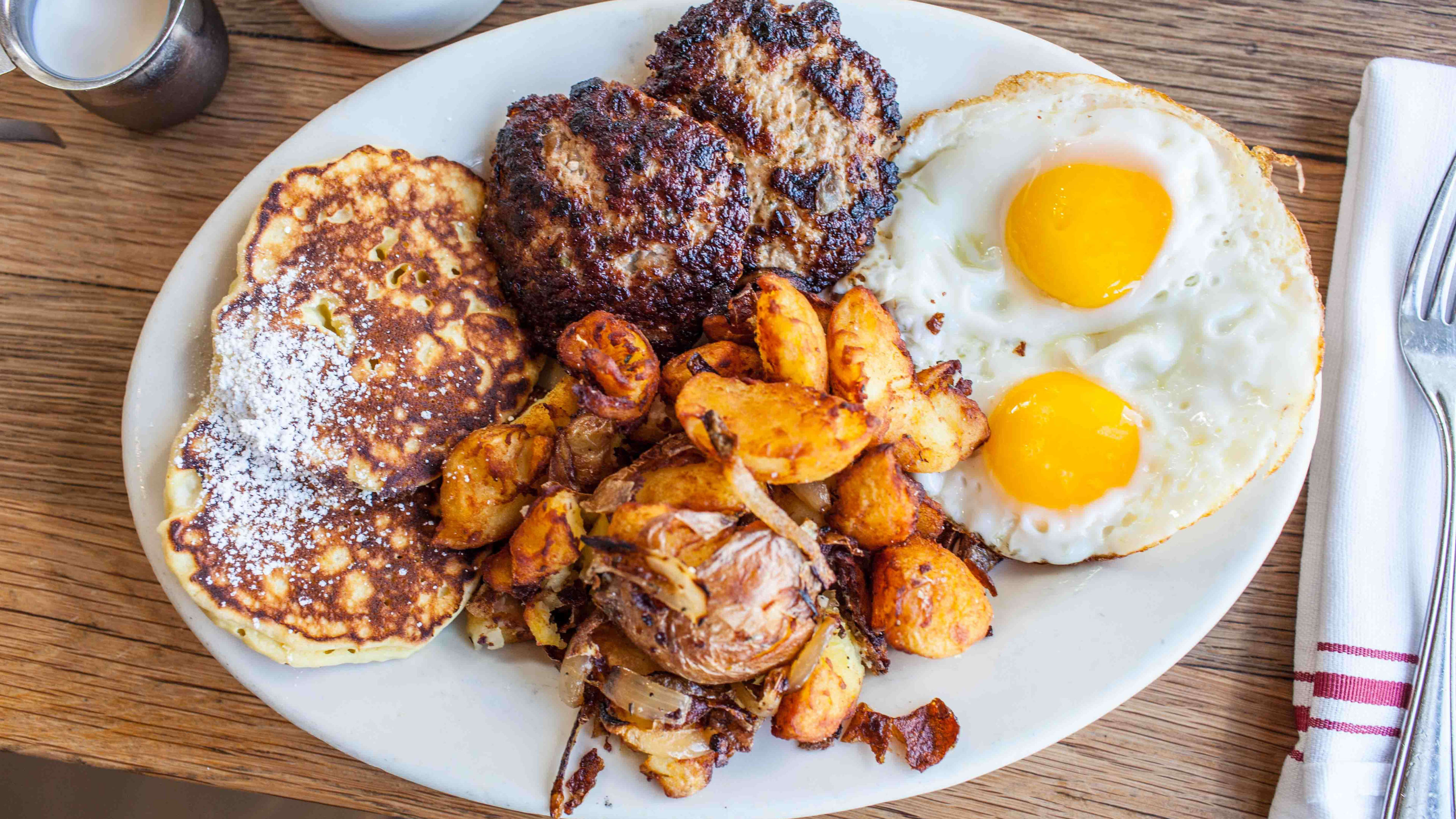 The Plow plate with sausages, eggs, potatoes, and pancakes at Plow