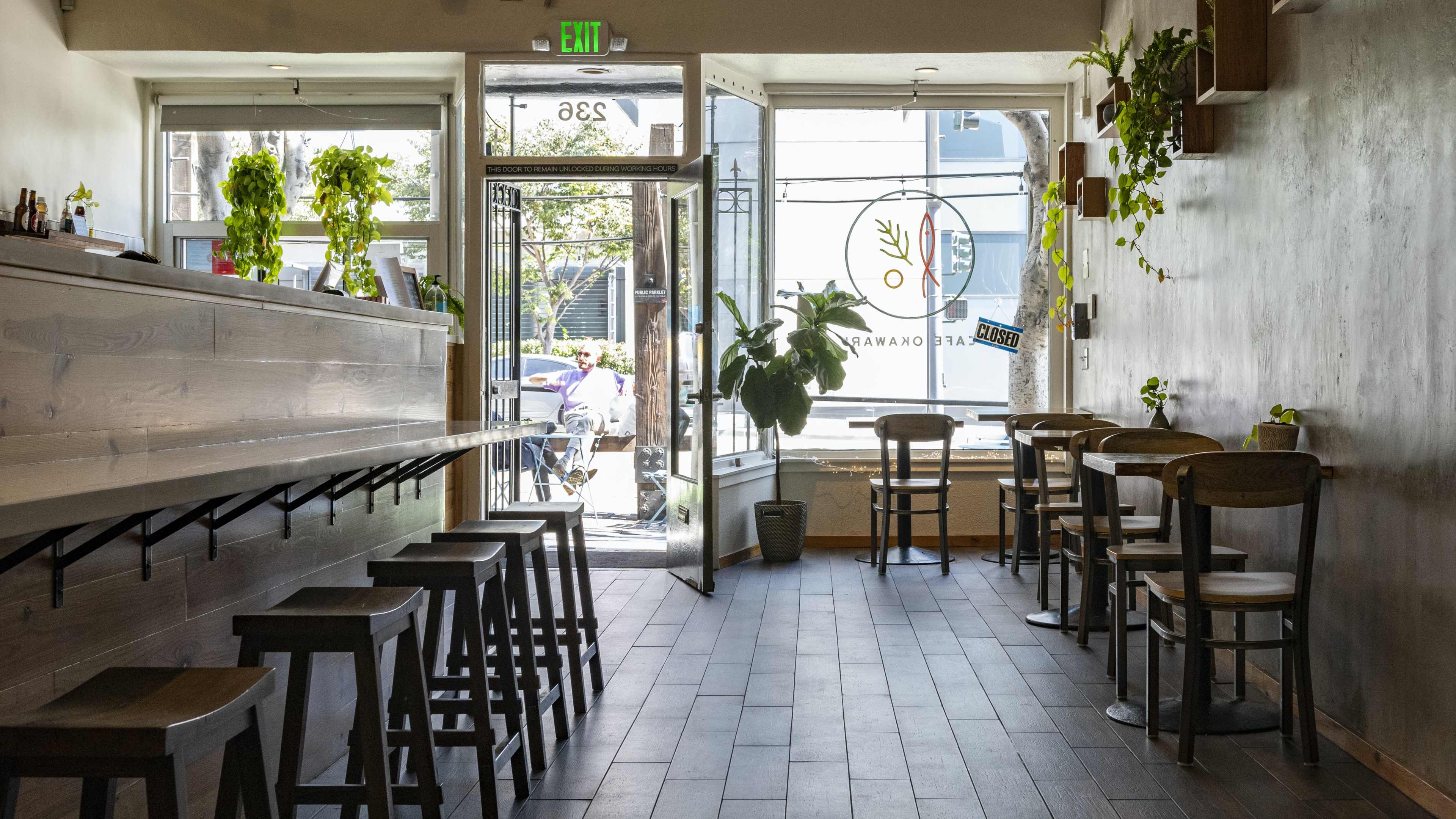 The bar stools and tables at Cafe Okawari