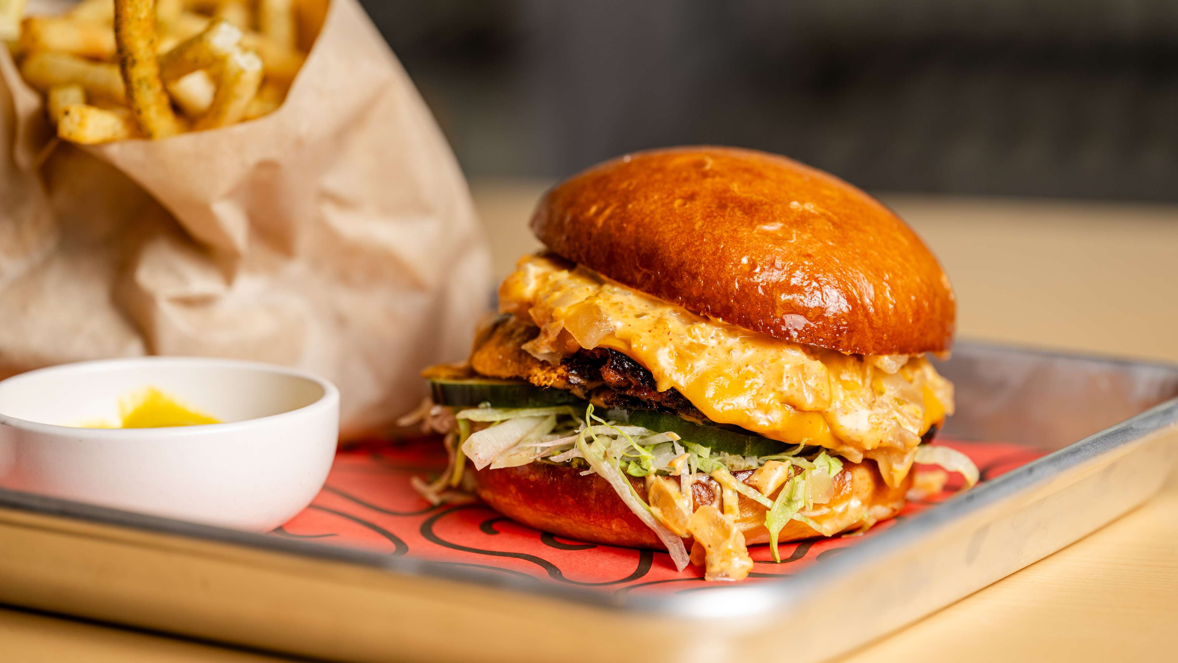 A burger and fries at Saluhall in San Francisco.