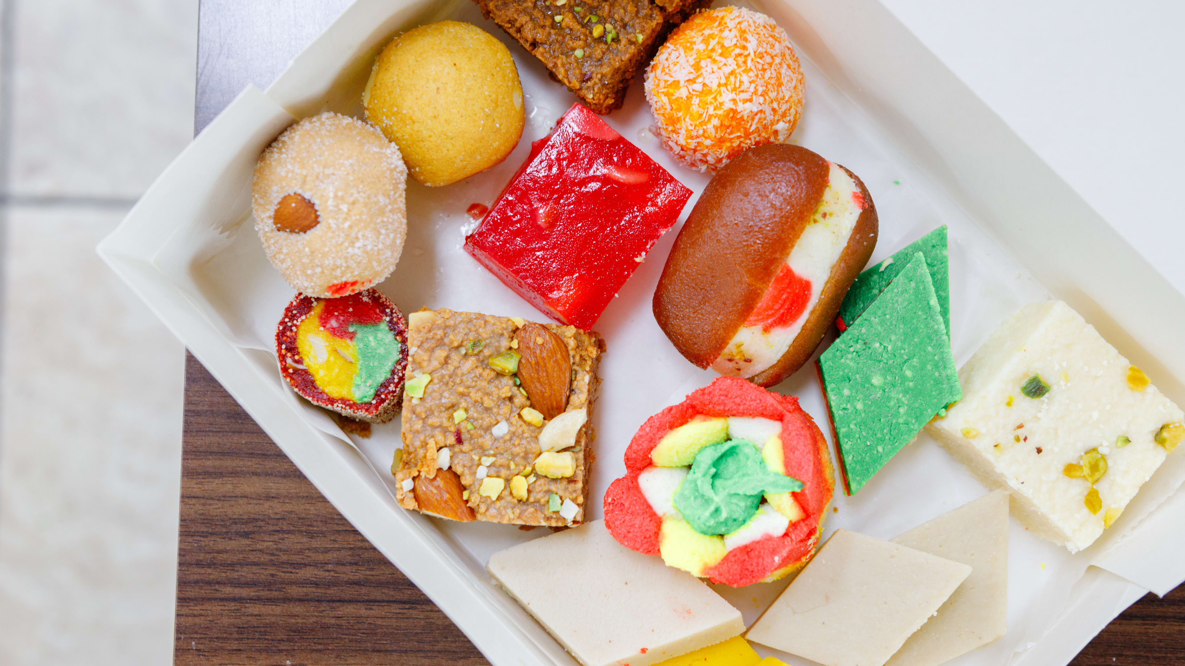 A box of desserts from Bombay Sweets.