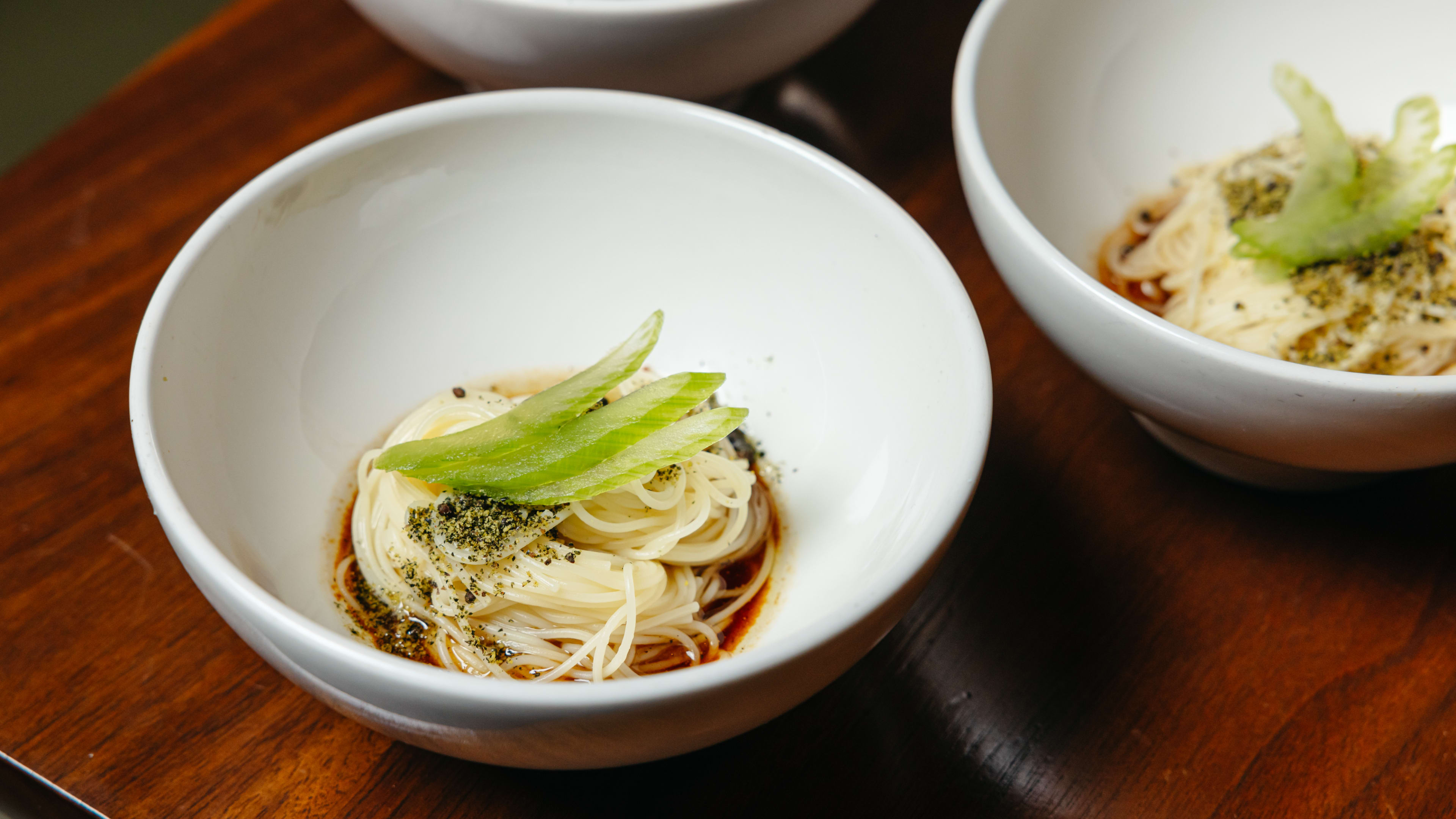 A bowl with a cold noodle dish.