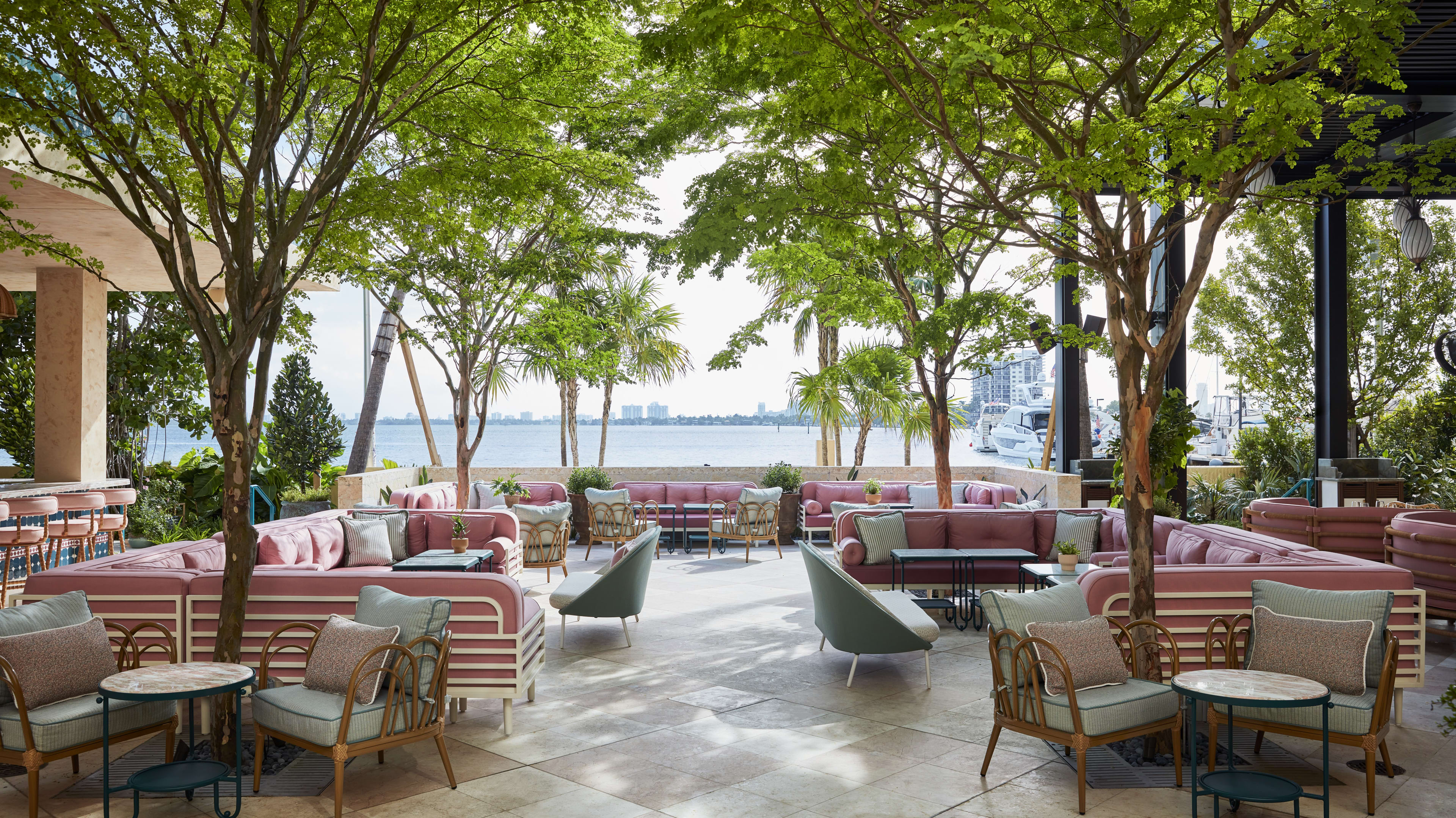 An outdoor patio with waterfront seating.