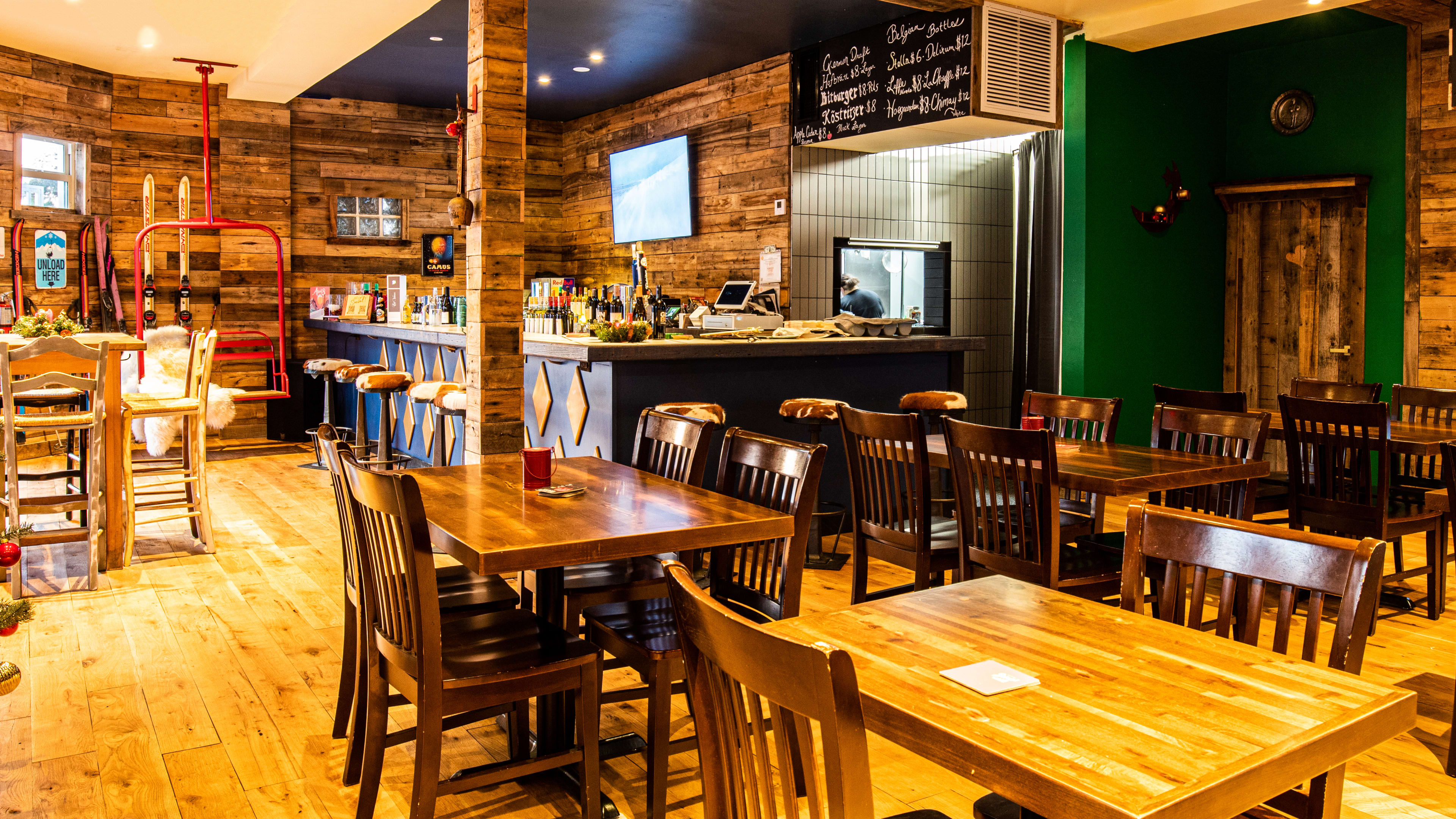 Warm interior with wooden tables and chairs