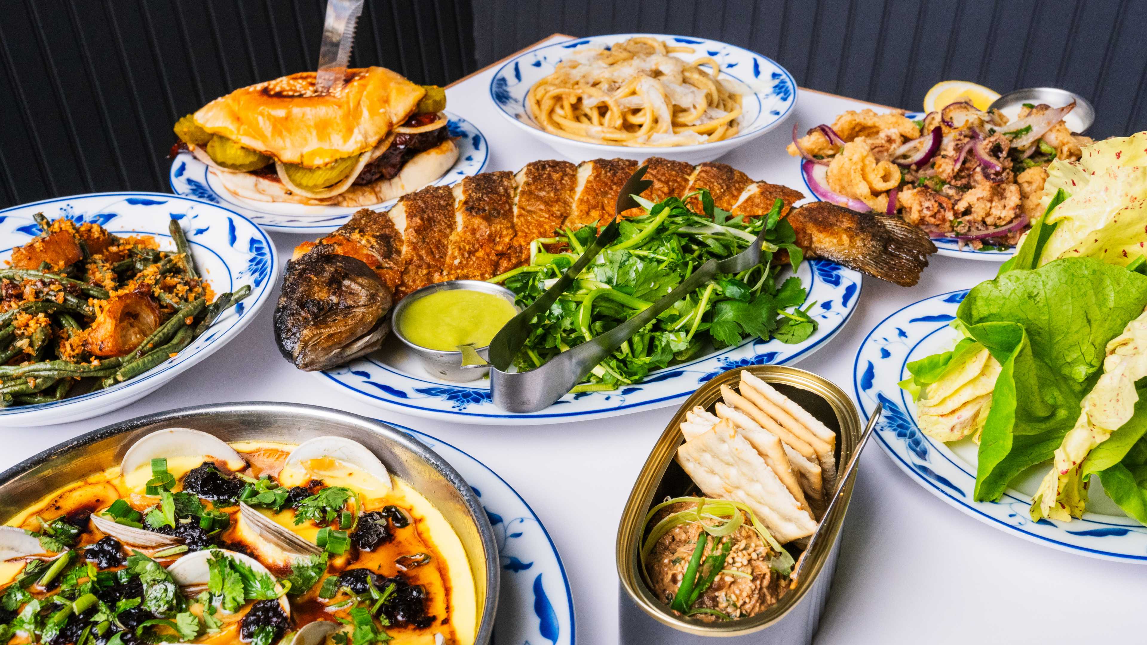 A spread of Chinese American food on a table at Bonnie's.