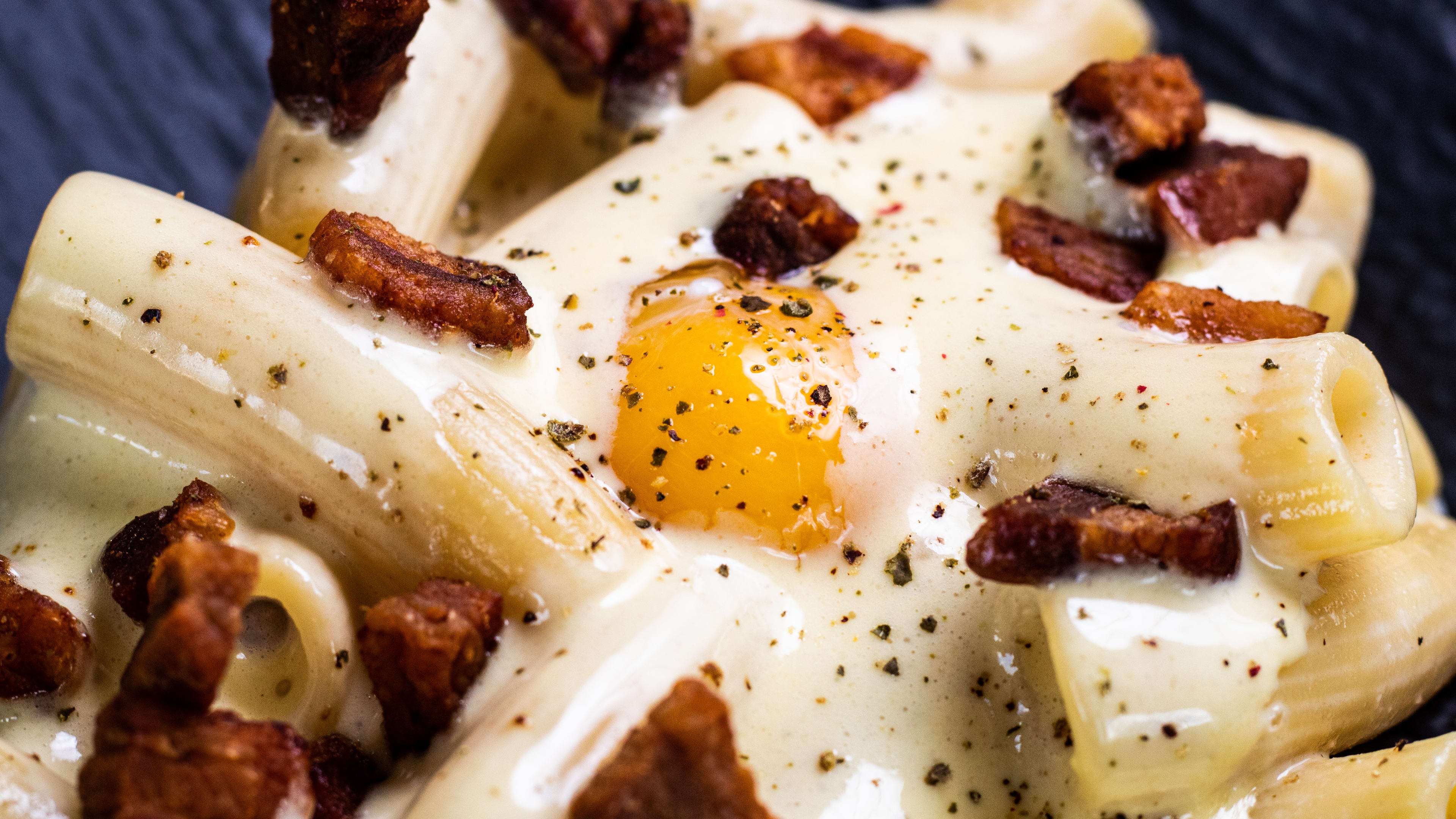 A close shot of pasta carbonara.