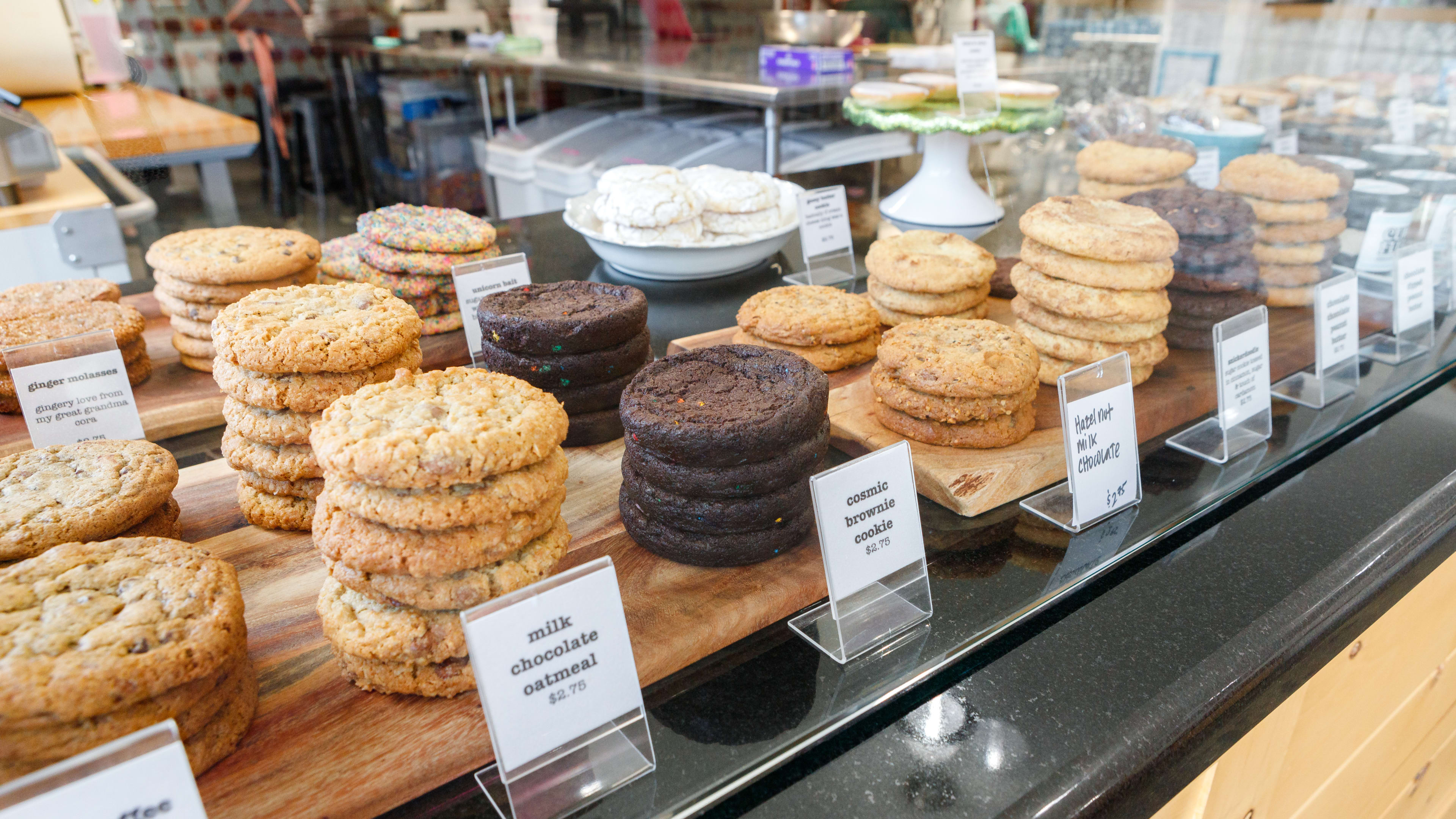 Cookies inside of a pastry case at Fluff Bake Bar.