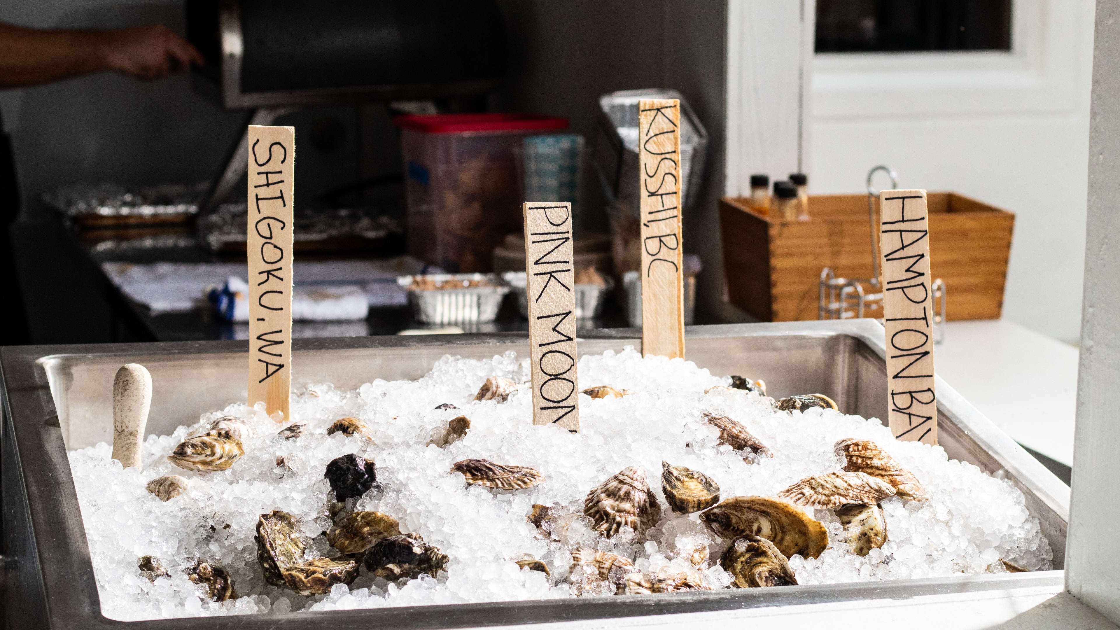 Oysters sitting in a tub of ice.