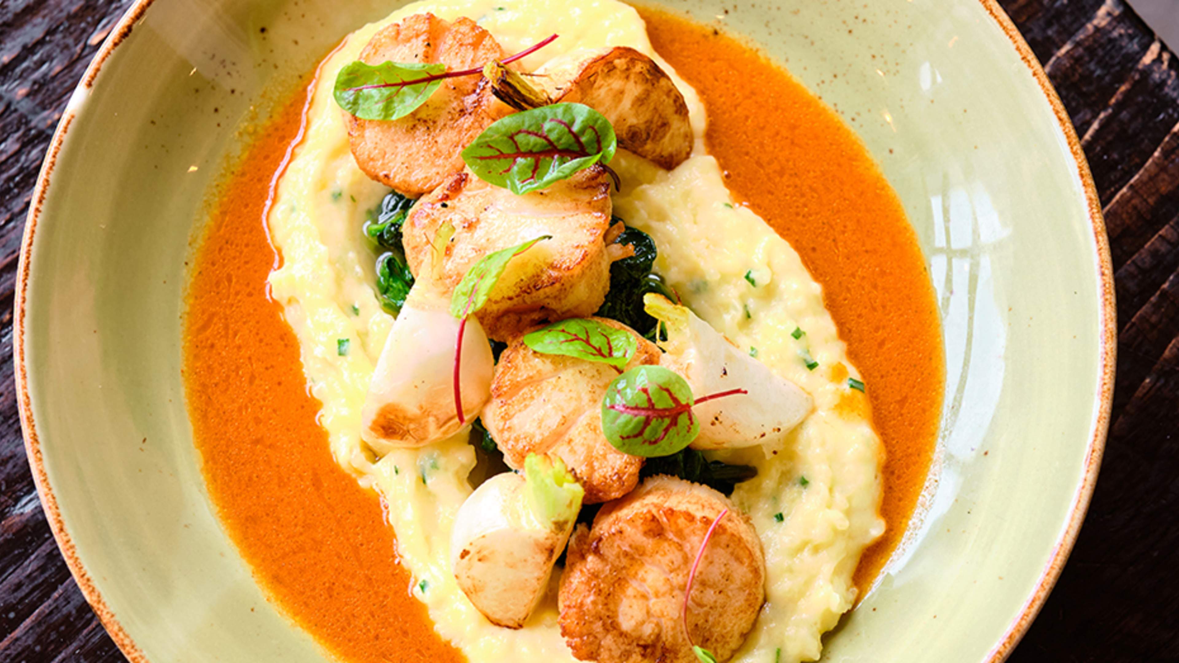 Seared scallops over mashed potatoes