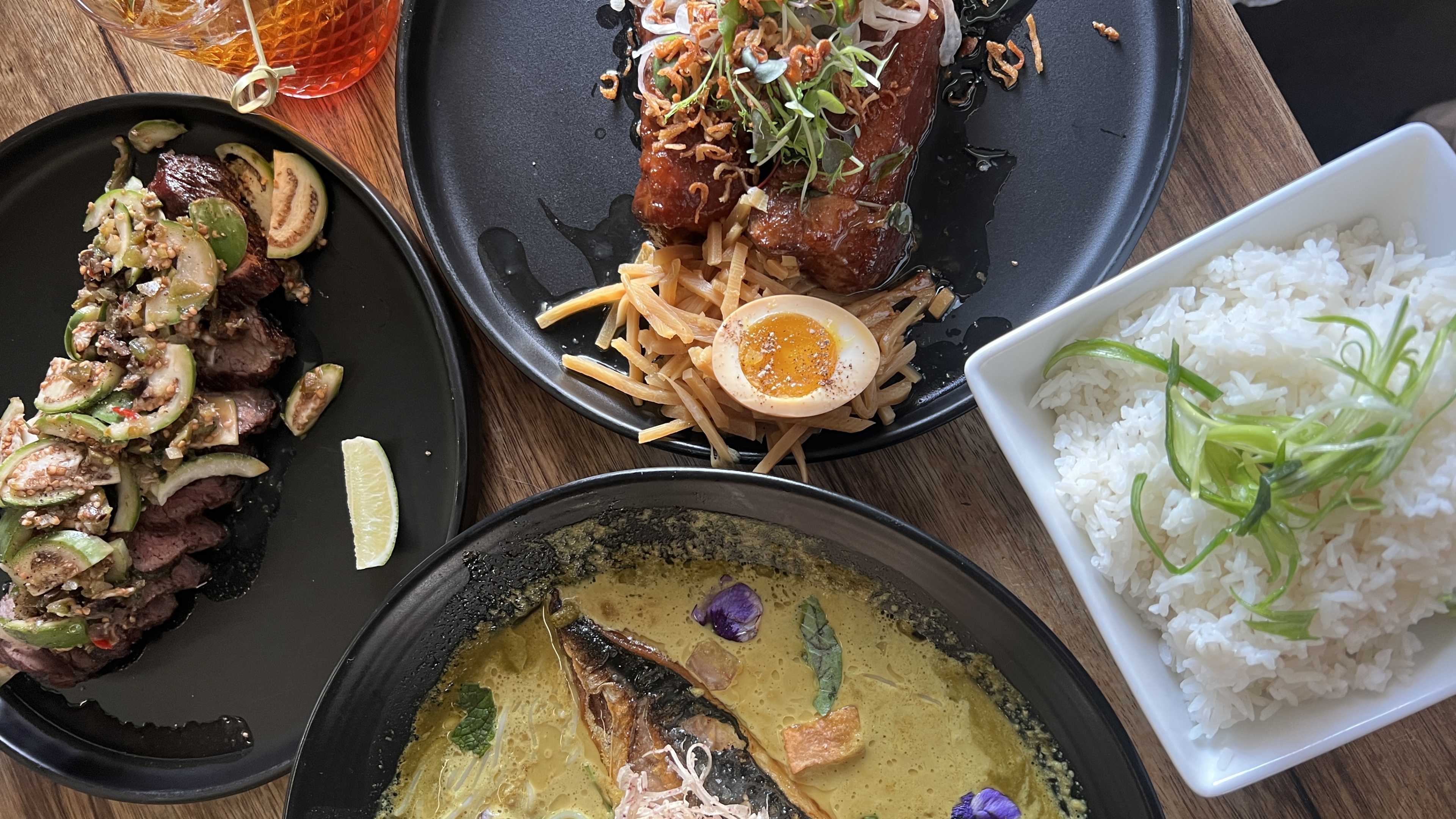 pork belly, steak with eggplant, and yellow curry with fried mackerel from Sophon