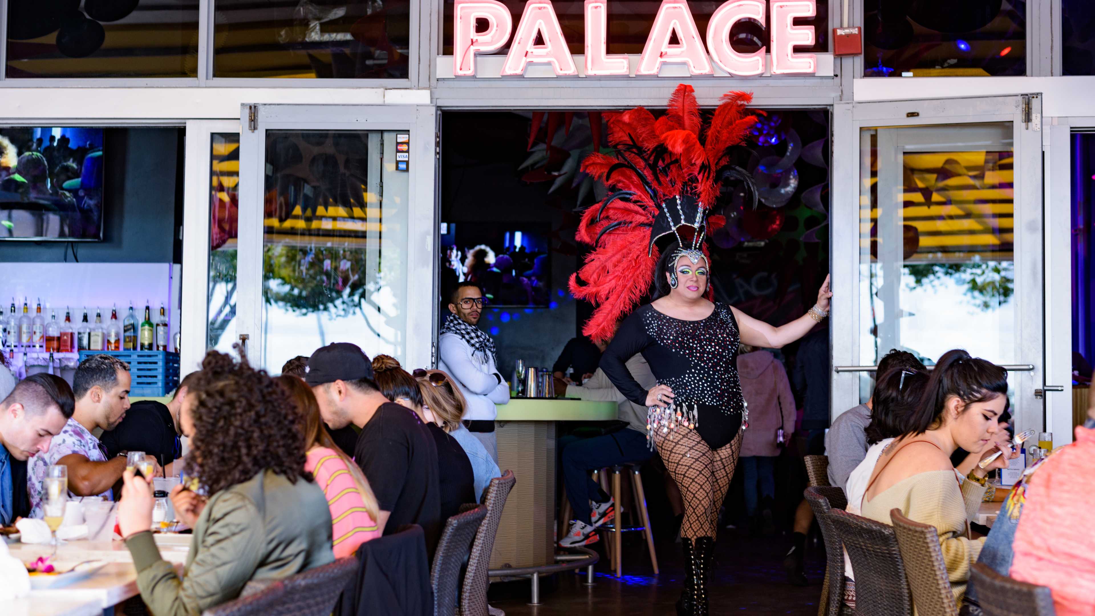 Drag queen performing on patio