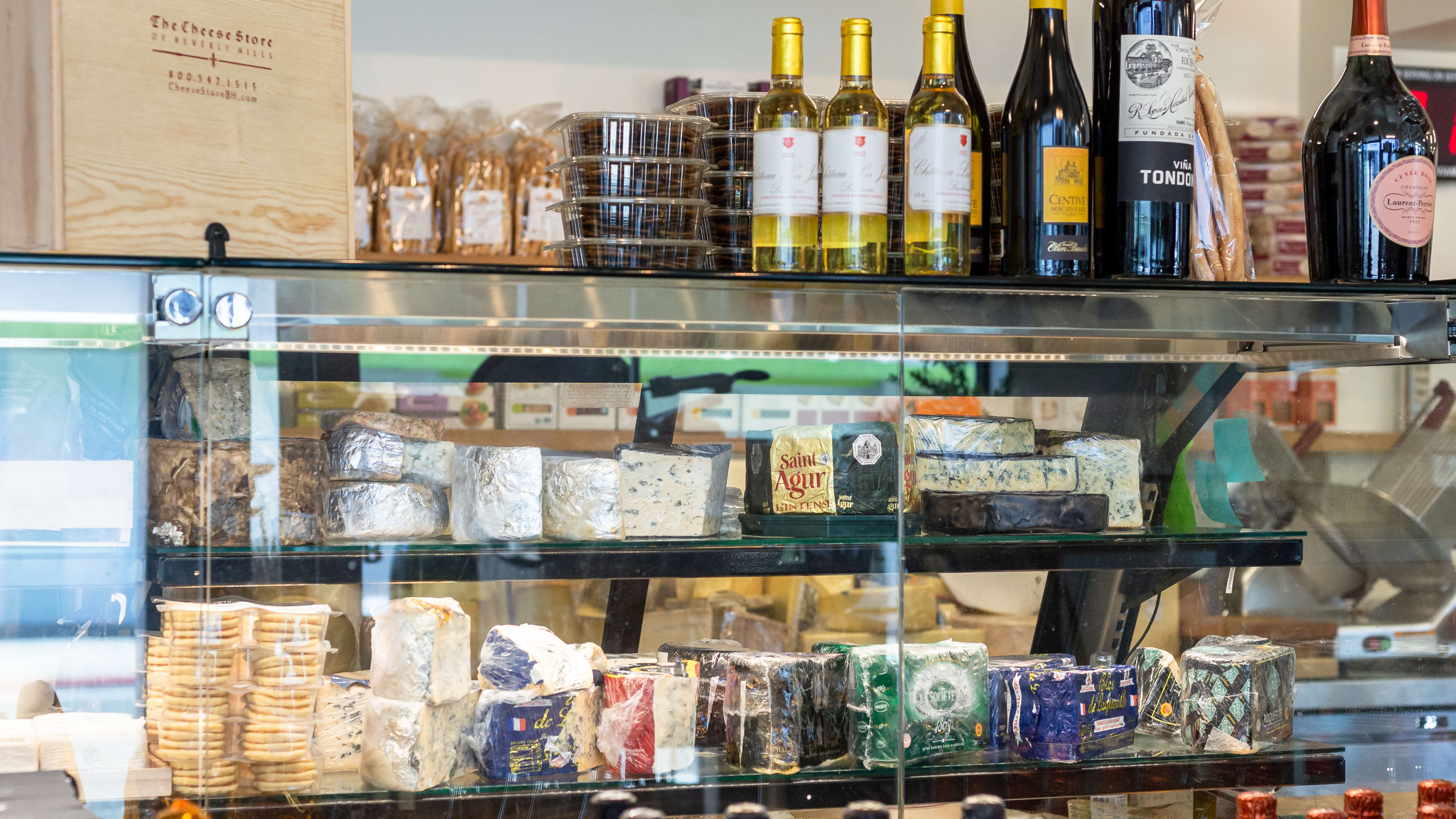 The wine and cheese at The Cheese Store Of Beverly Hills.