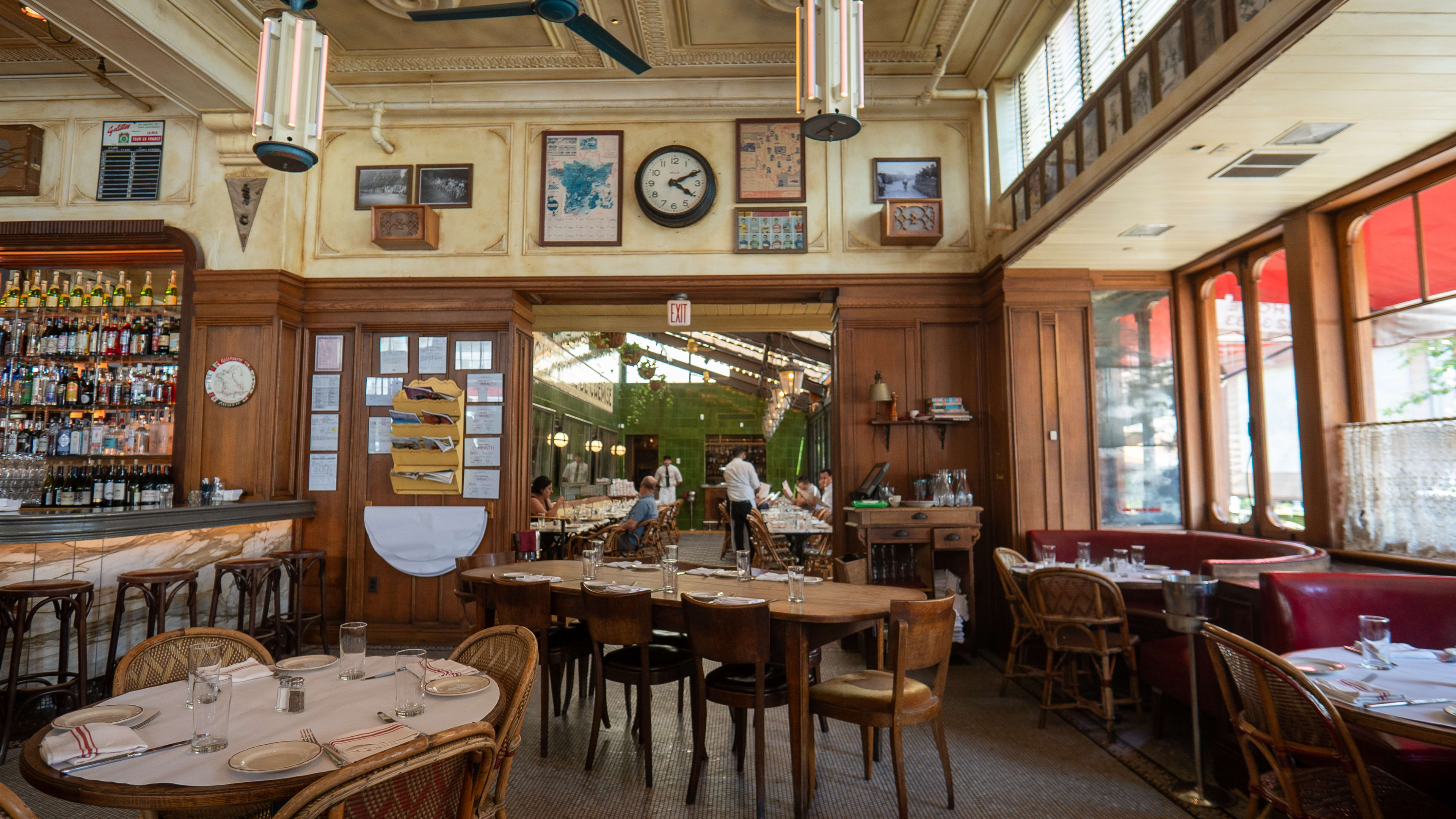 bright restaurant interior with french inspired decorations