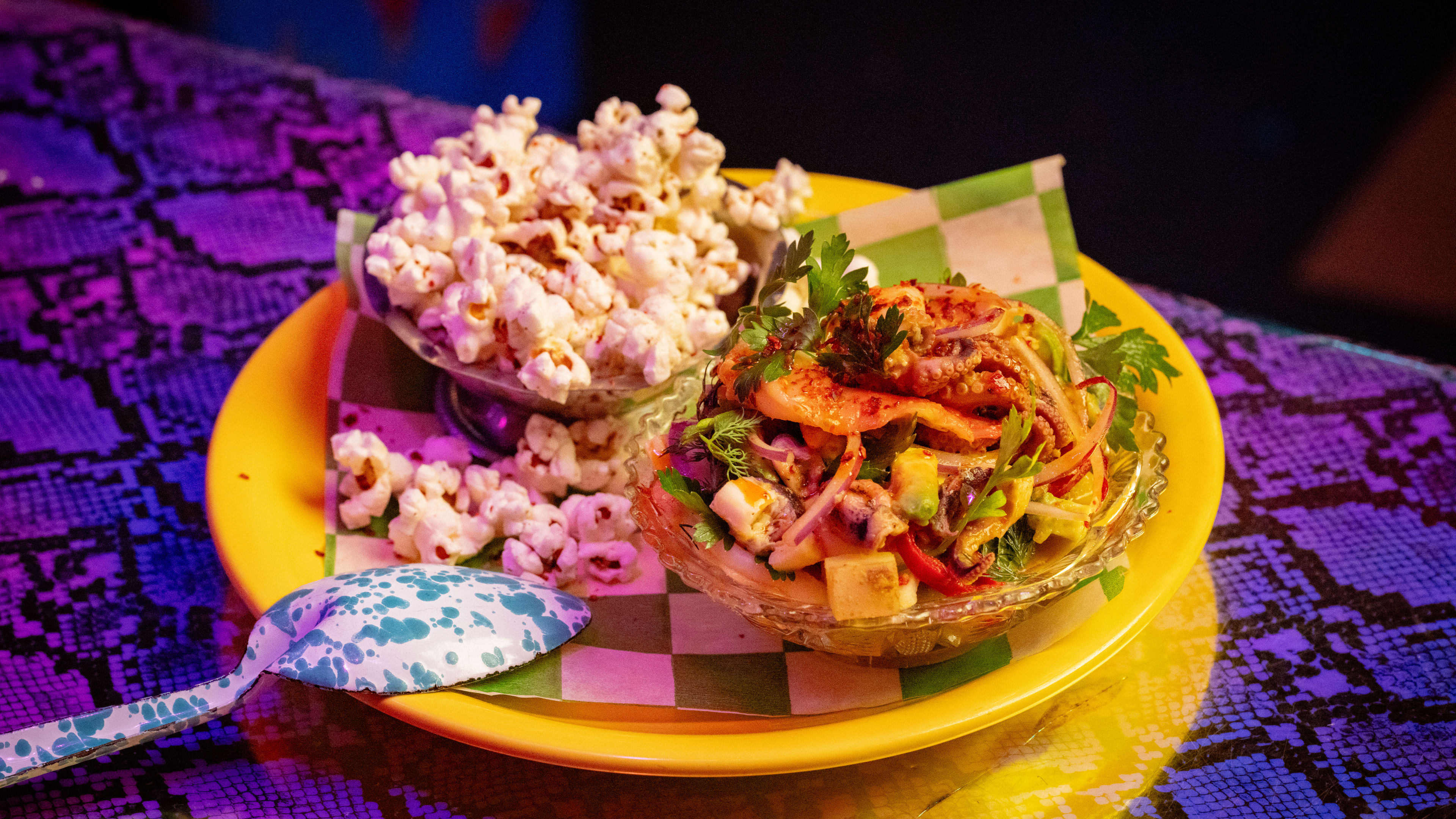 Ceviche mix served with popped corn at Lil Deb's Oasis