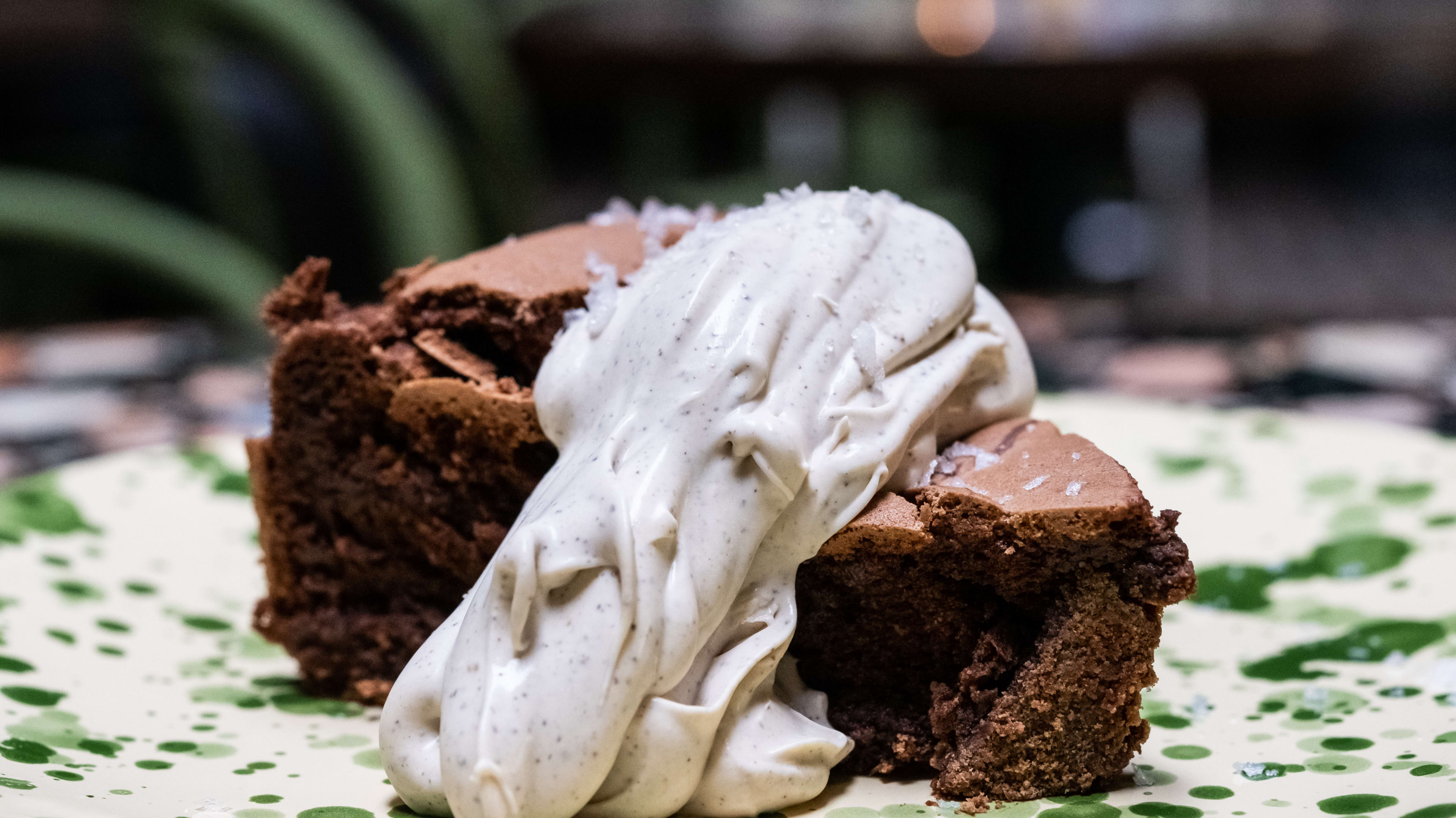 Dark chocolate cake topped with mascarpone cream