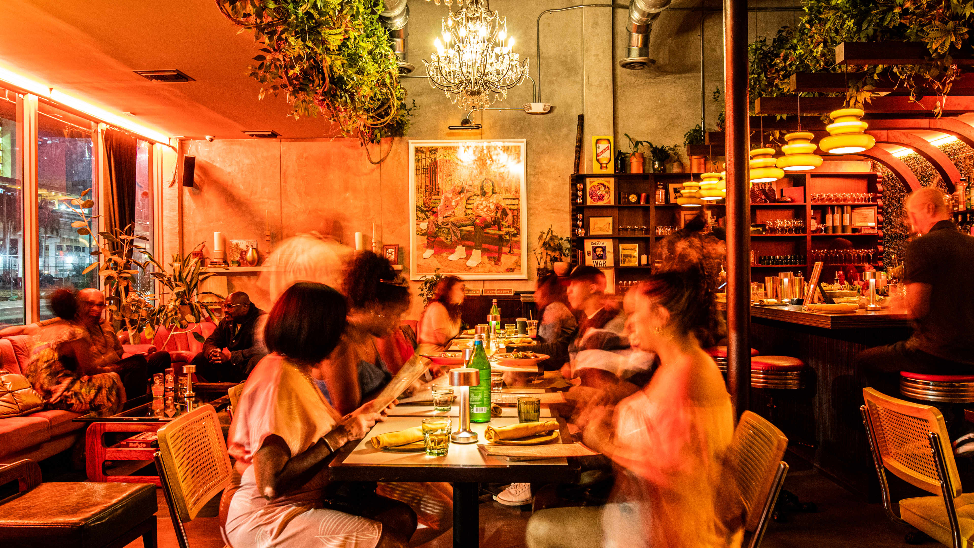 restaurant interior with mood lighting.