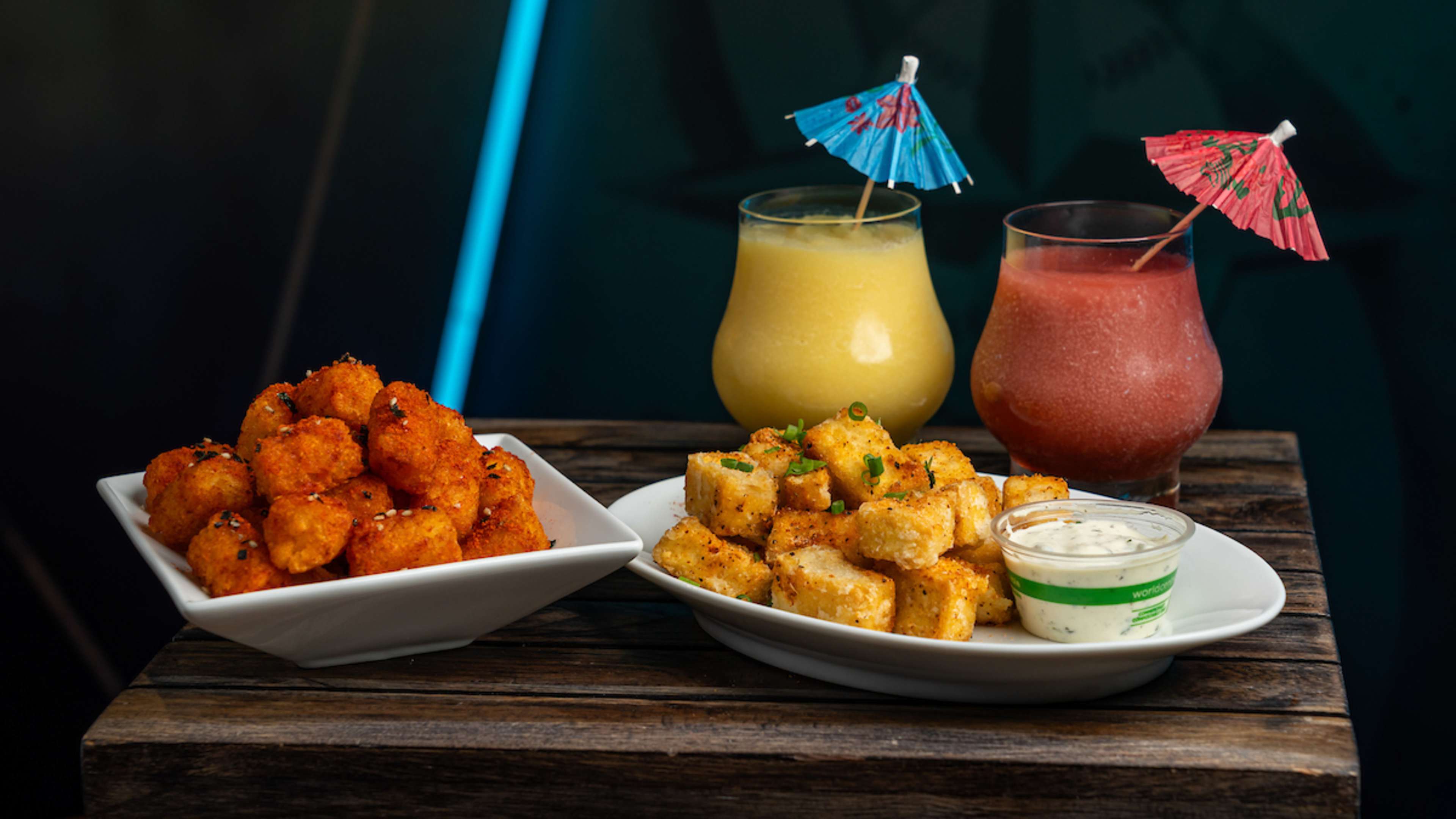 Tater tots, Tofu nuggets, and frozen cocktails