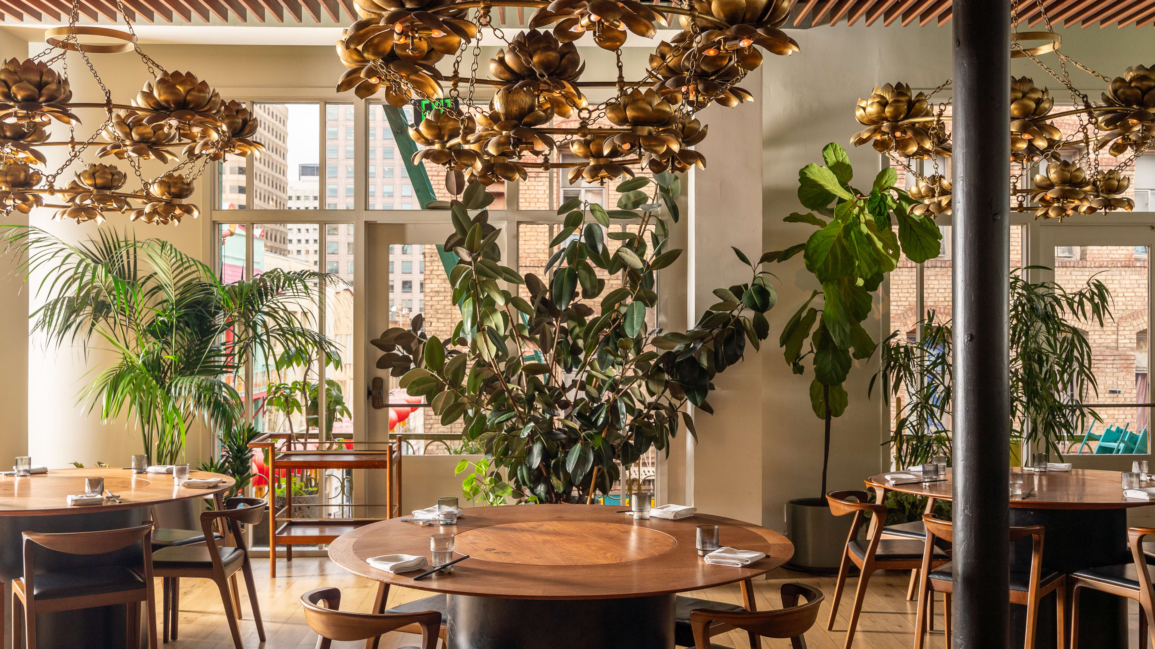 The dining room with chandeliers and plants at Mister Jiu's