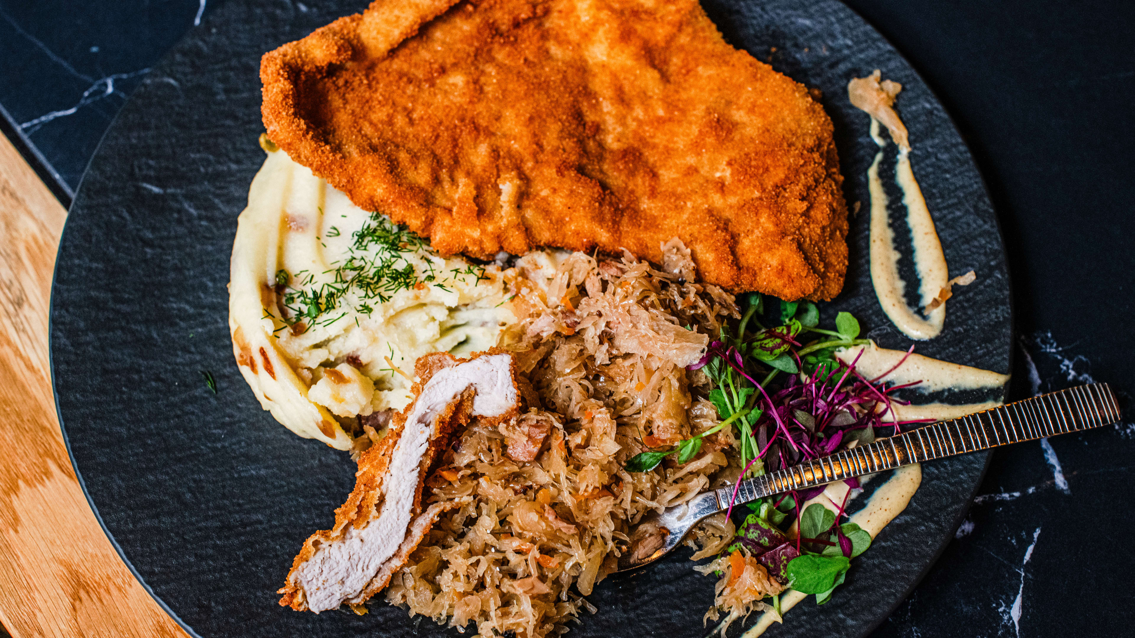 A chicken schnitzel dish at Polka at Ealing.