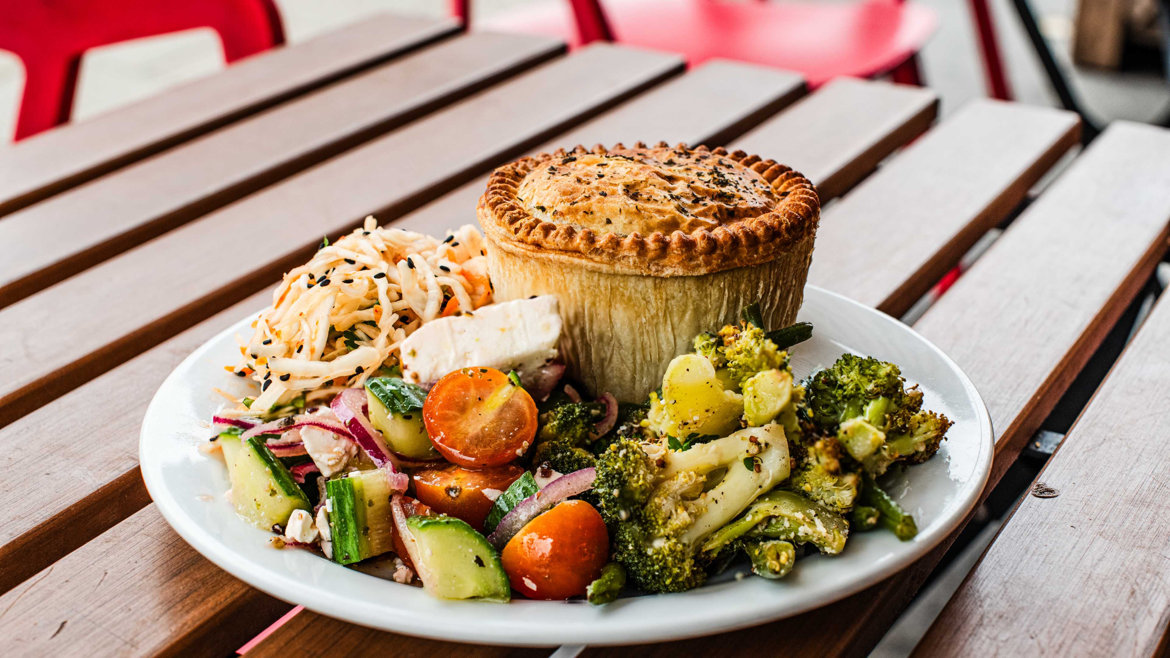 The pie and salad at The Deli Downstairs