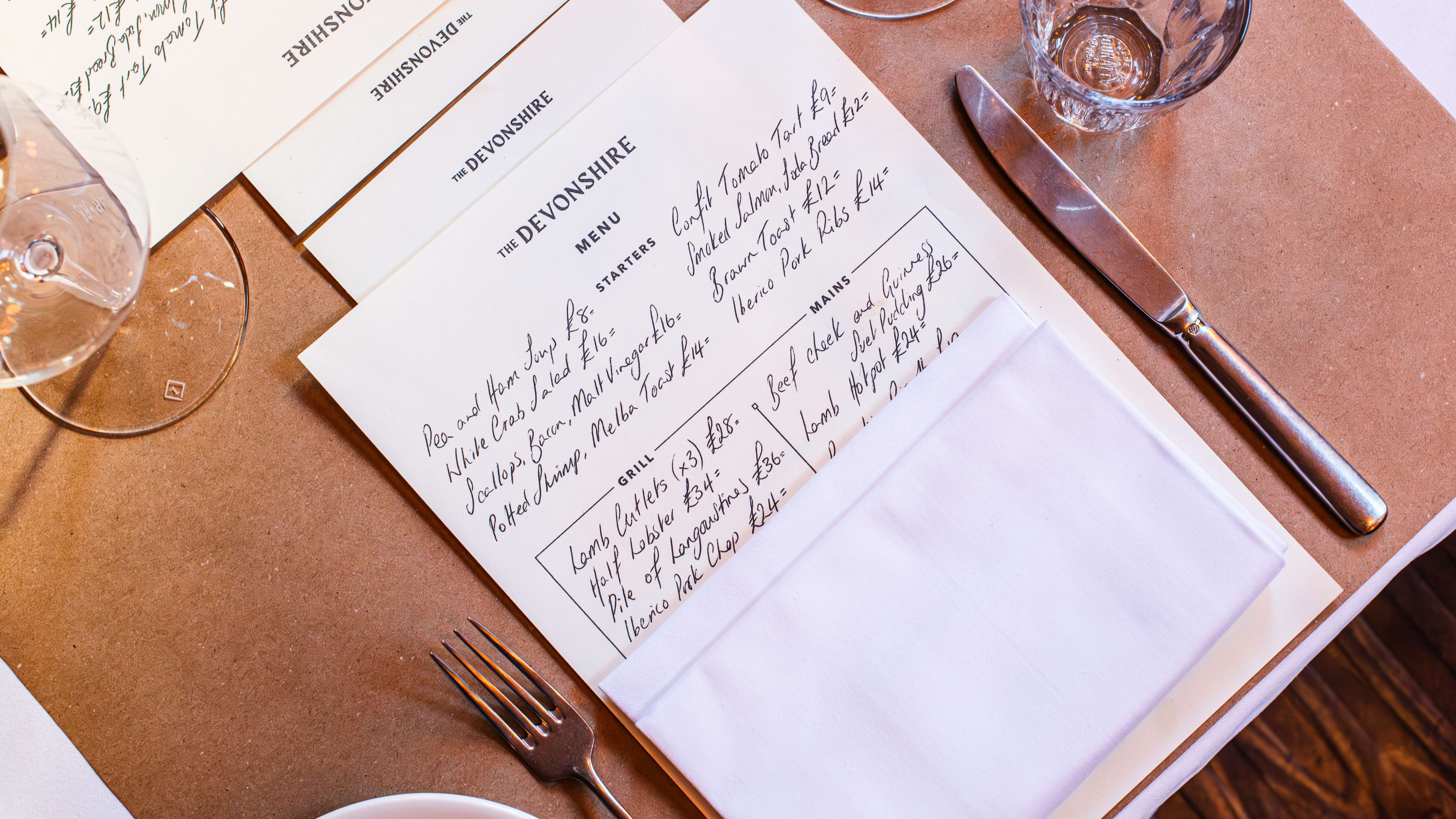 A handwritten menu at The Devonshire in Soho.