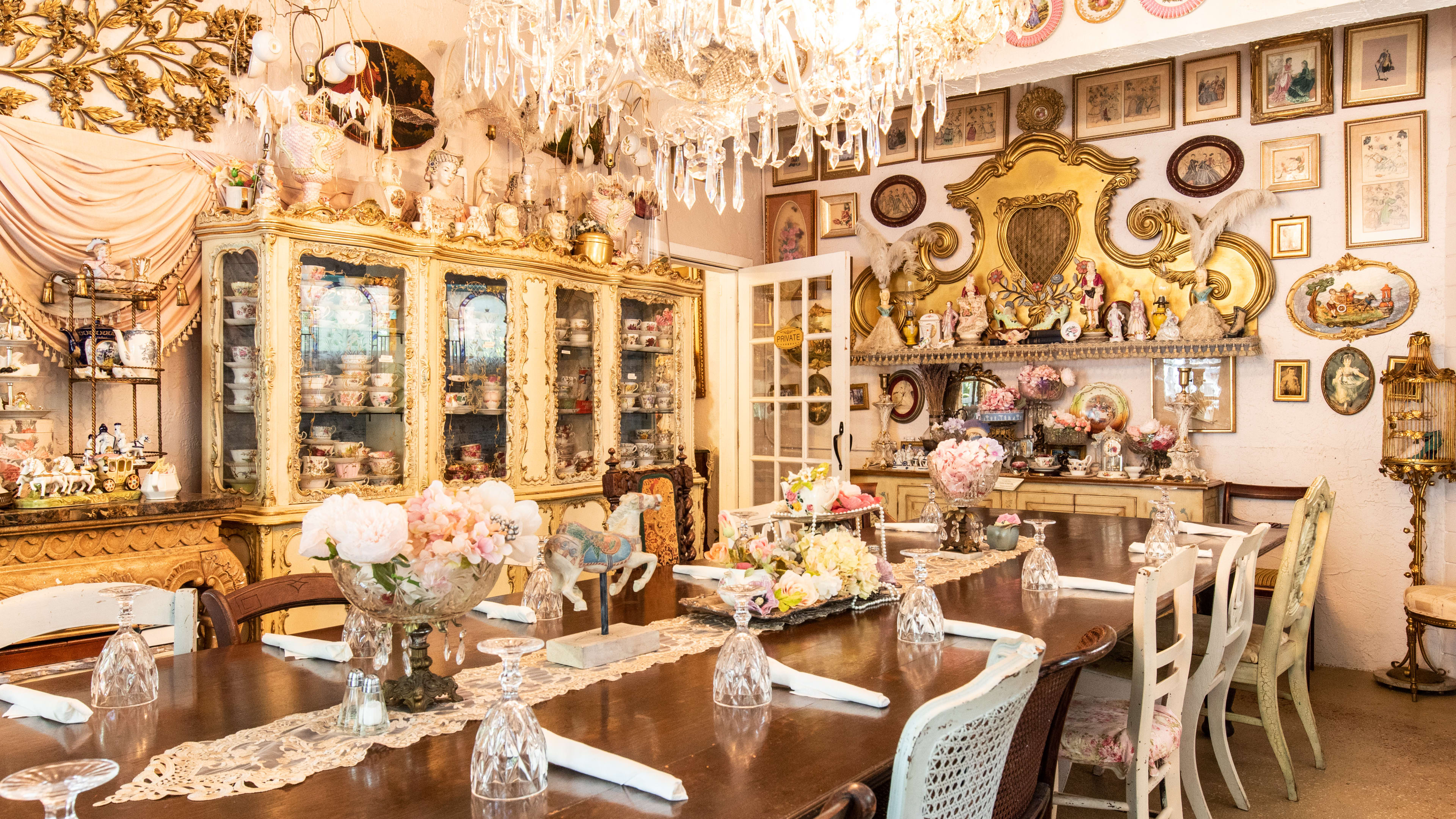 Tea Room dining room with a long table tea party decorations