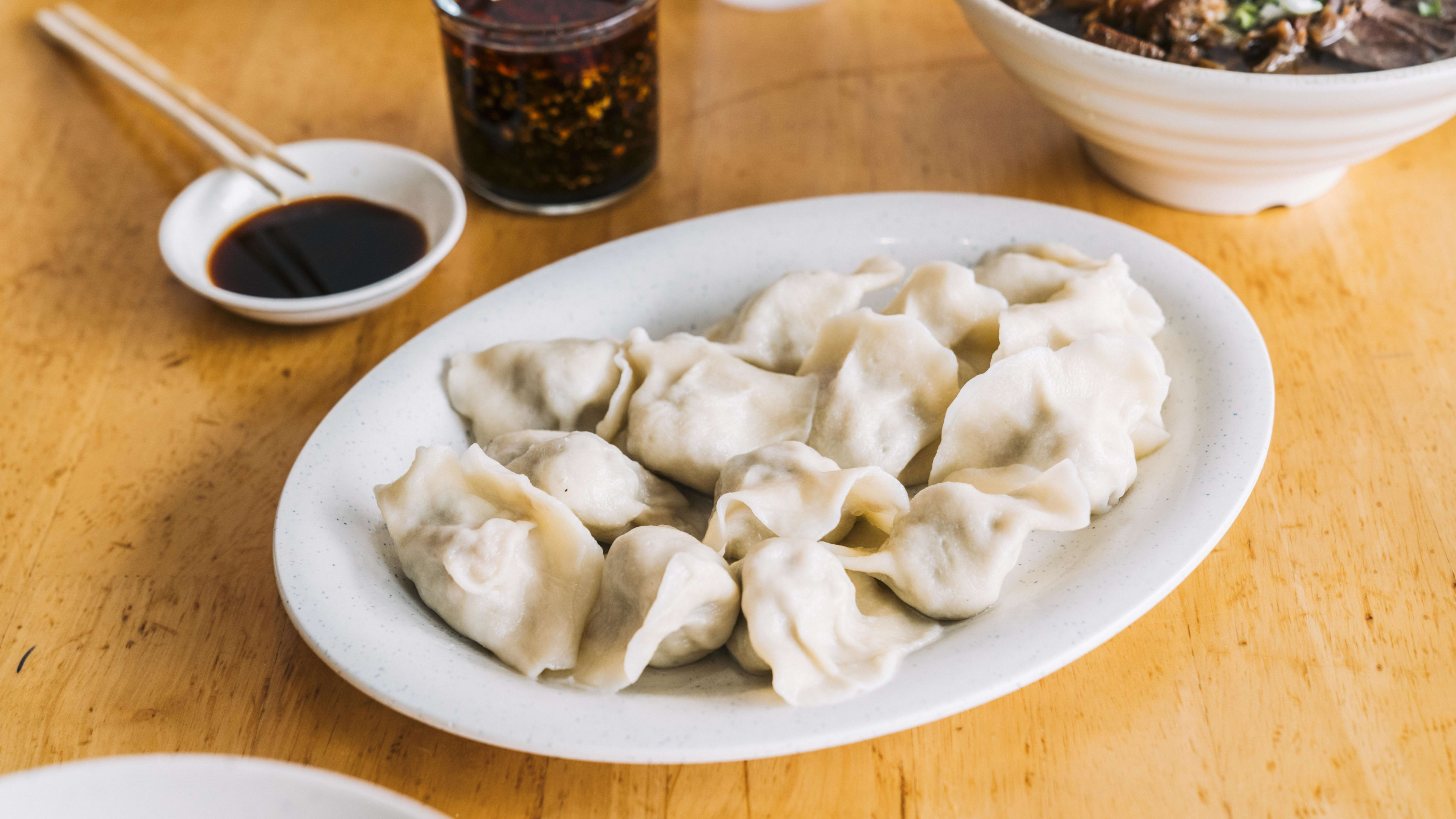 A plate of mushroom and fish dumplings at Yuanbao Jiaozi