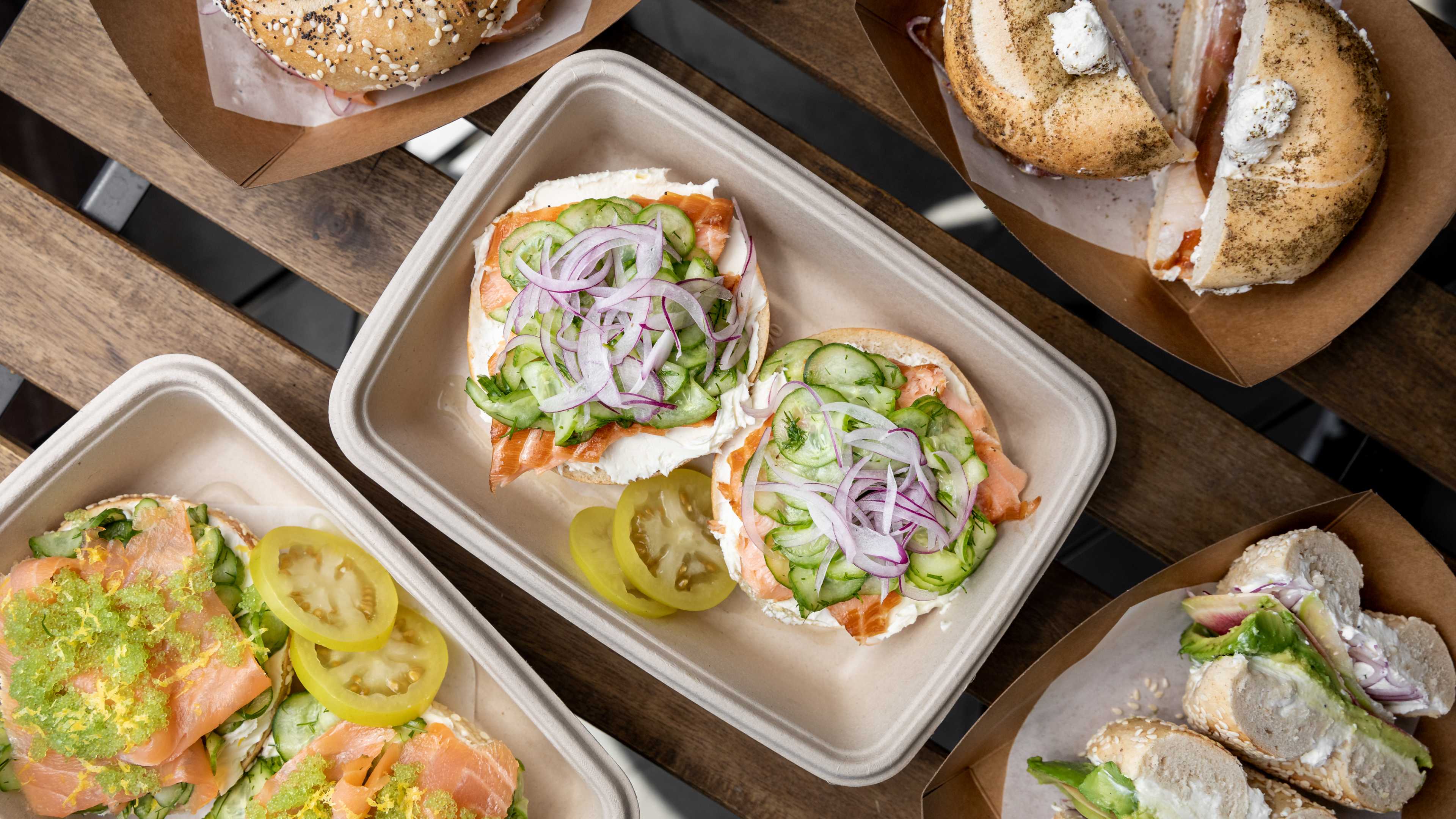 A spread of various bagel sandwiches from Maury's Bagels.