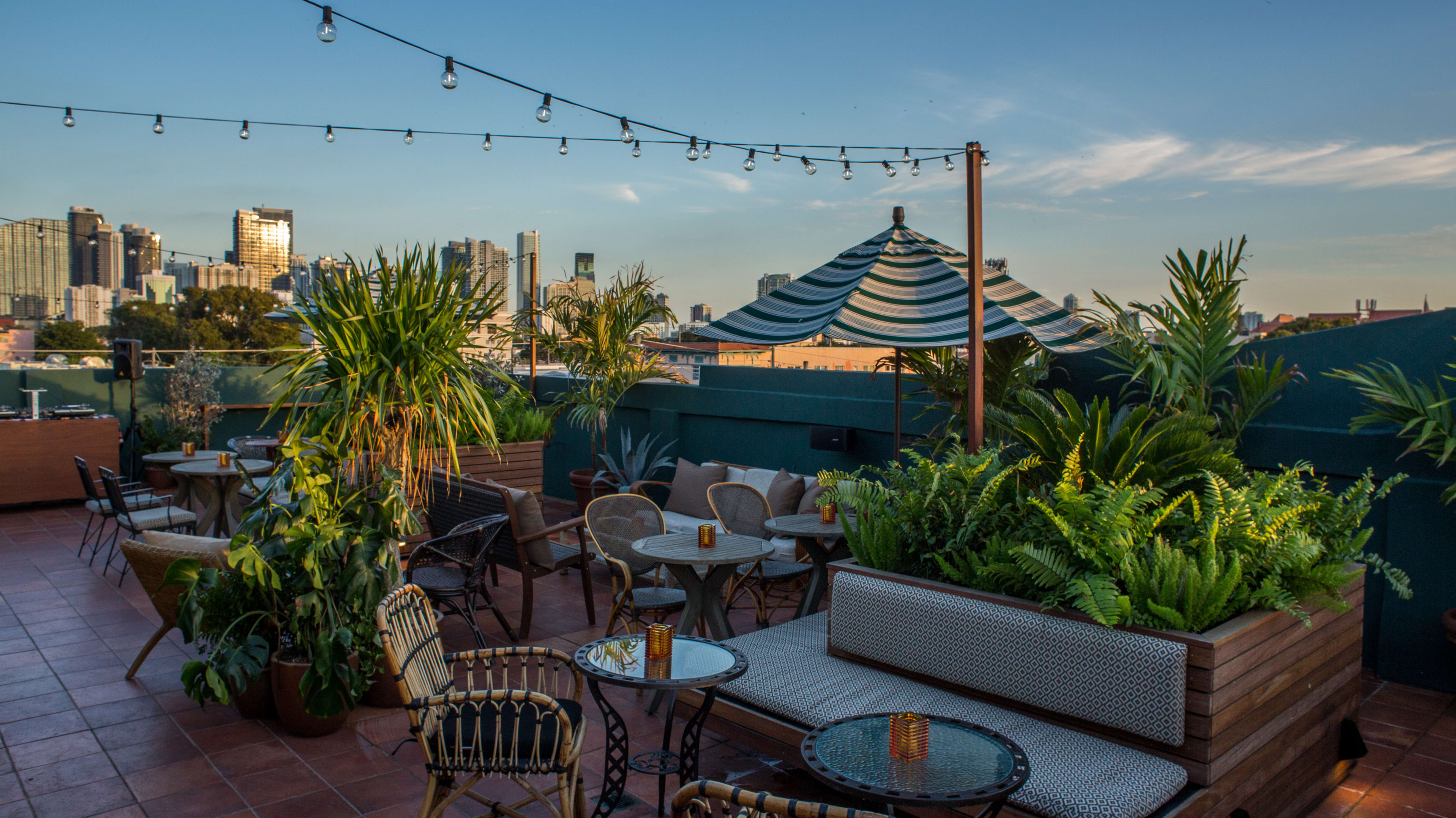 Rooftop terrace with view of Miami Skyline.