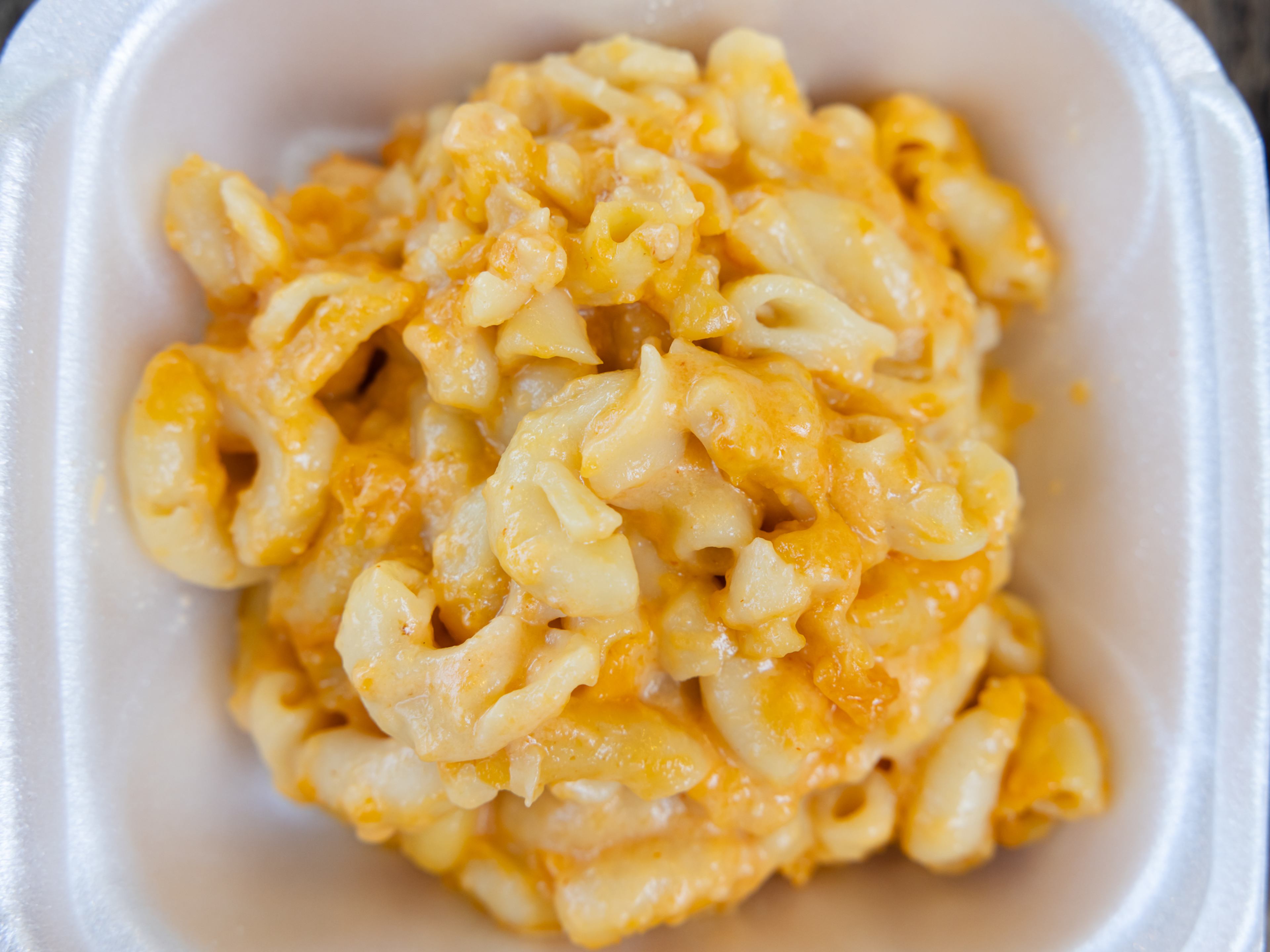Mac in cheese in a styrofoam container.
