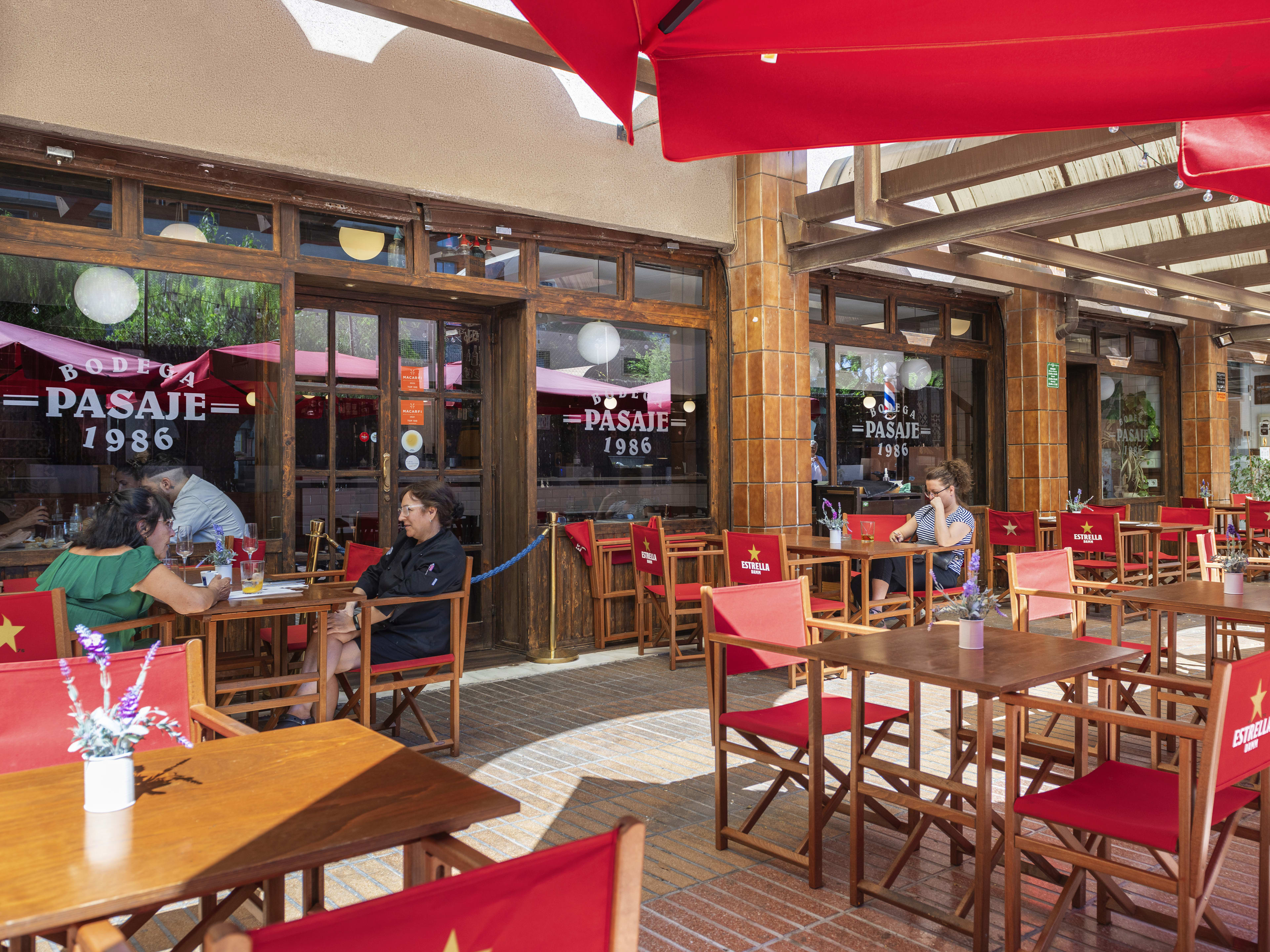 The terrace of Bodega Pasaje 1986 in Barcelona, Spain.