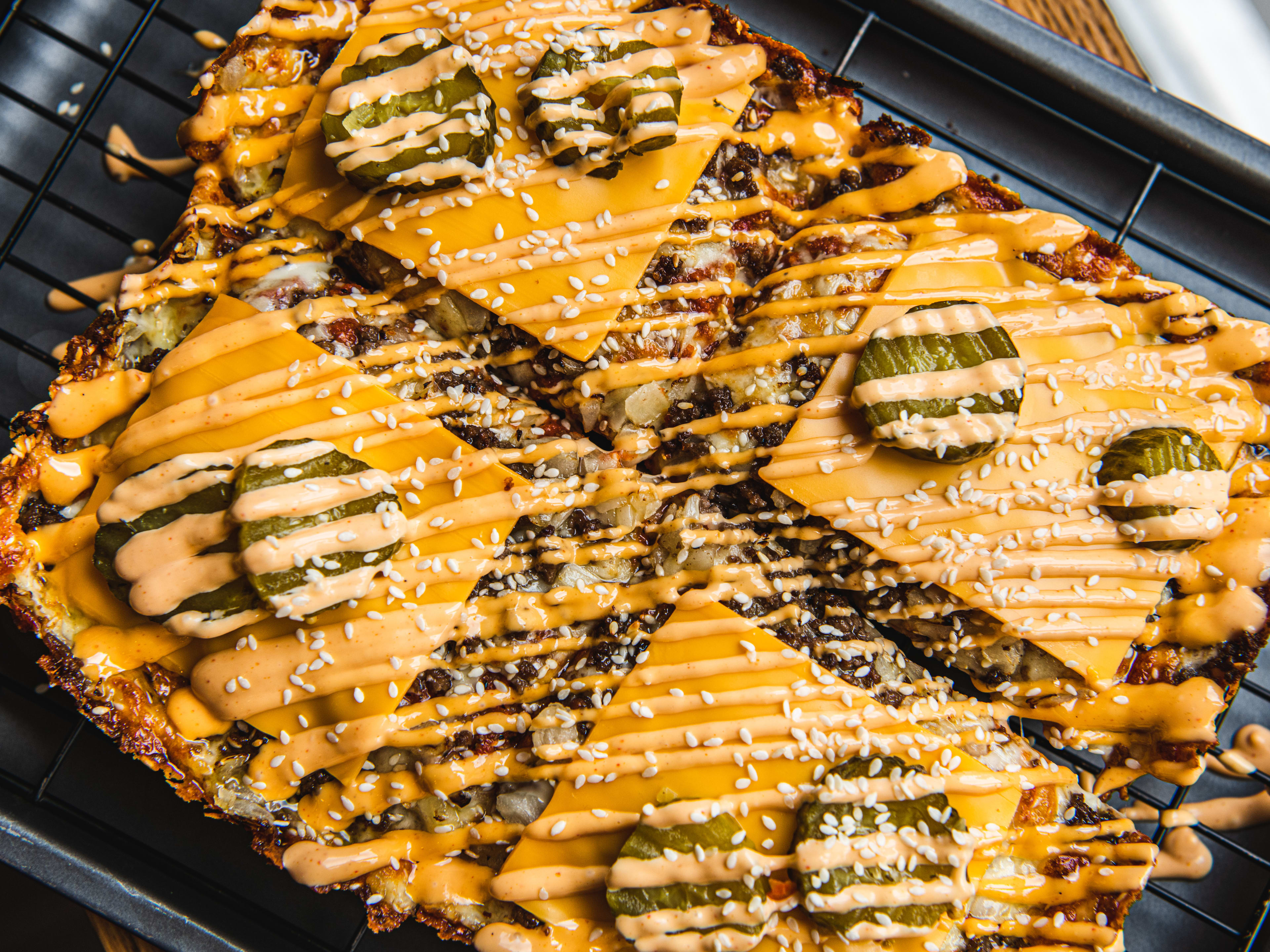 The cheeseburger pizza from Detroit Pizza.